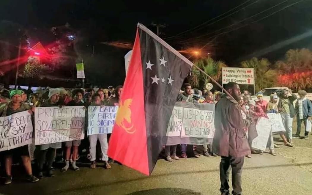 Students from the University of Goroka stage an early morning protest against the signing of a PNG-US Bilateral Defense Cooperation Agreement last May 22, 2023