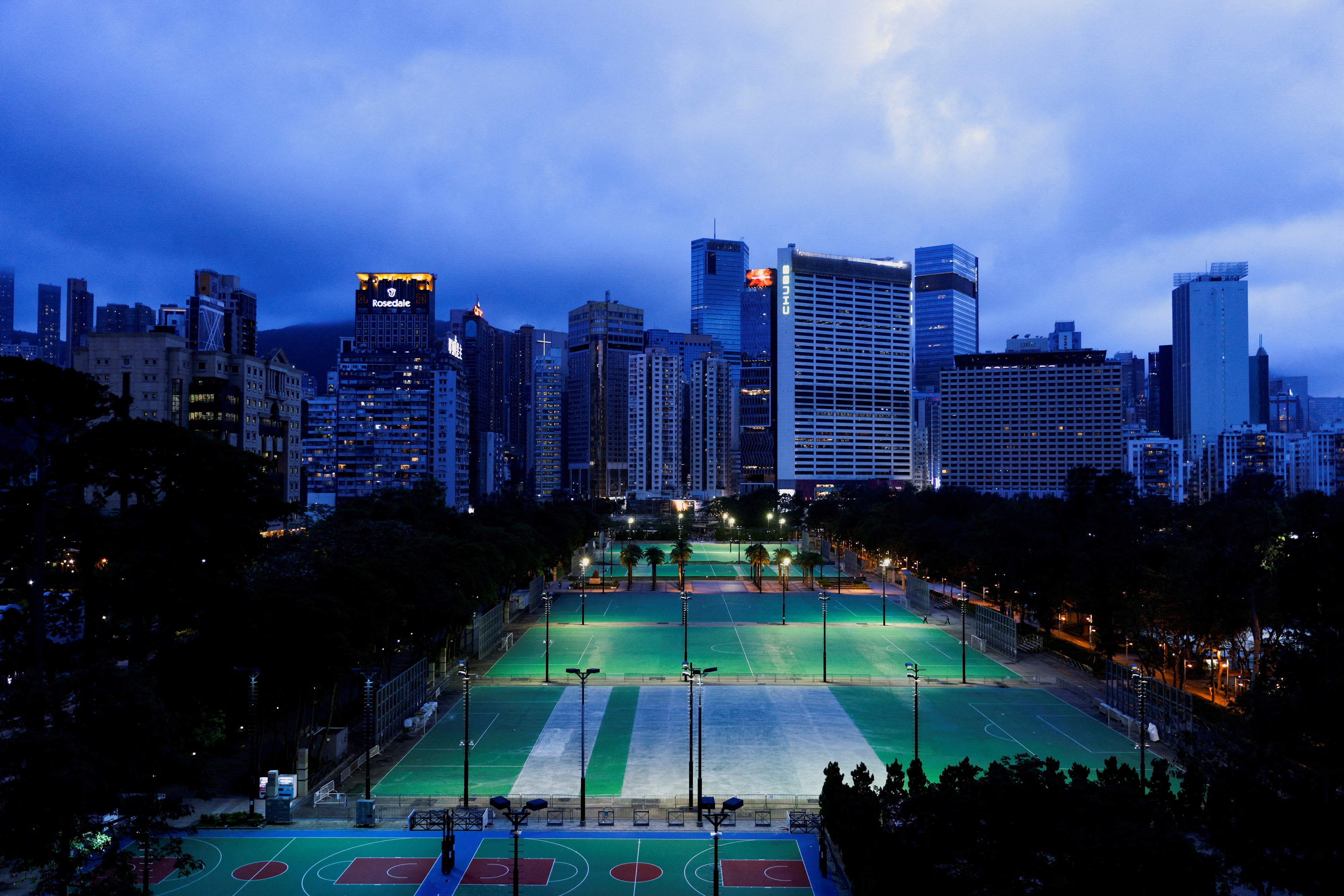 FILE PHOTO: A view shows the closed Victoria Park, where the candlelight vigil used to be held, on the 33rd anniversary of the crackdown on pro-democracy demonstrations at Beijing's Tiananmen Square, in Hong Kong, China, June 4, 2022. REUTERS/Tyrone Siu