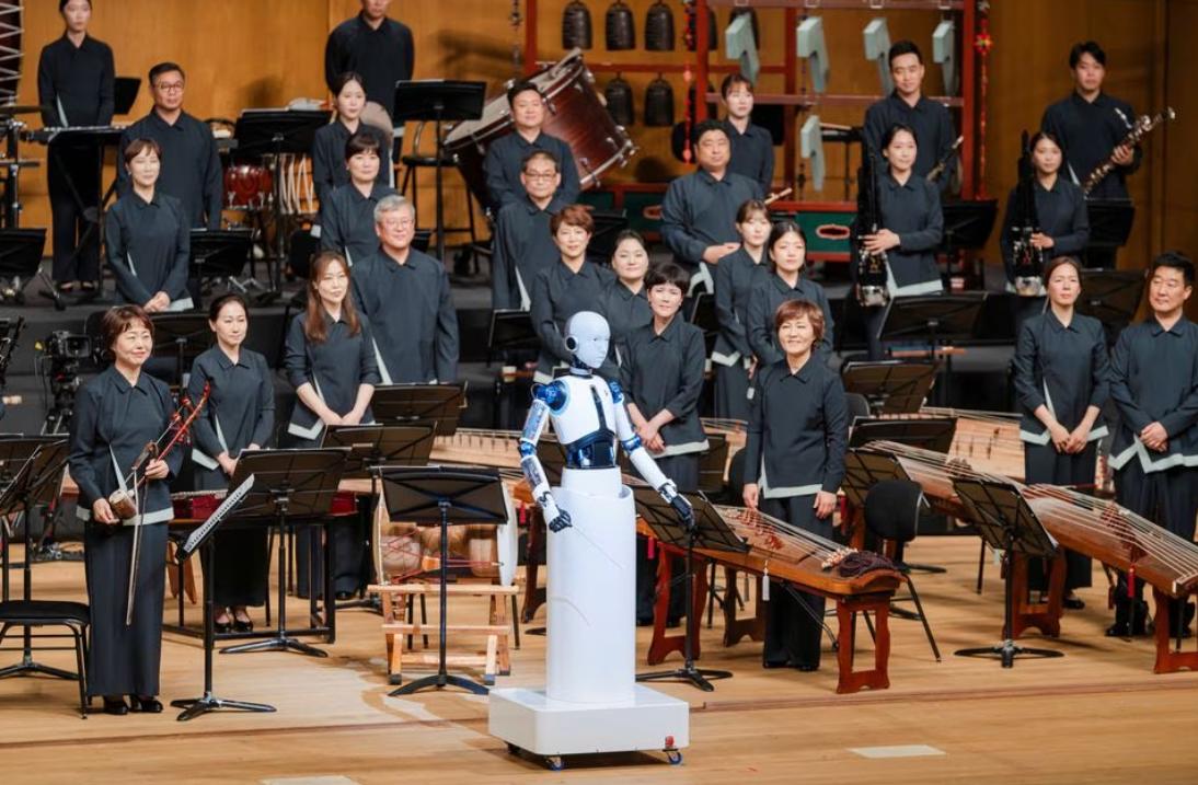An android robot, EveR 6, is seen as it takes the conductor's podium to lead a performance by South Korea's national orchestra, in Seoul, South Korea, June 30, 2023.