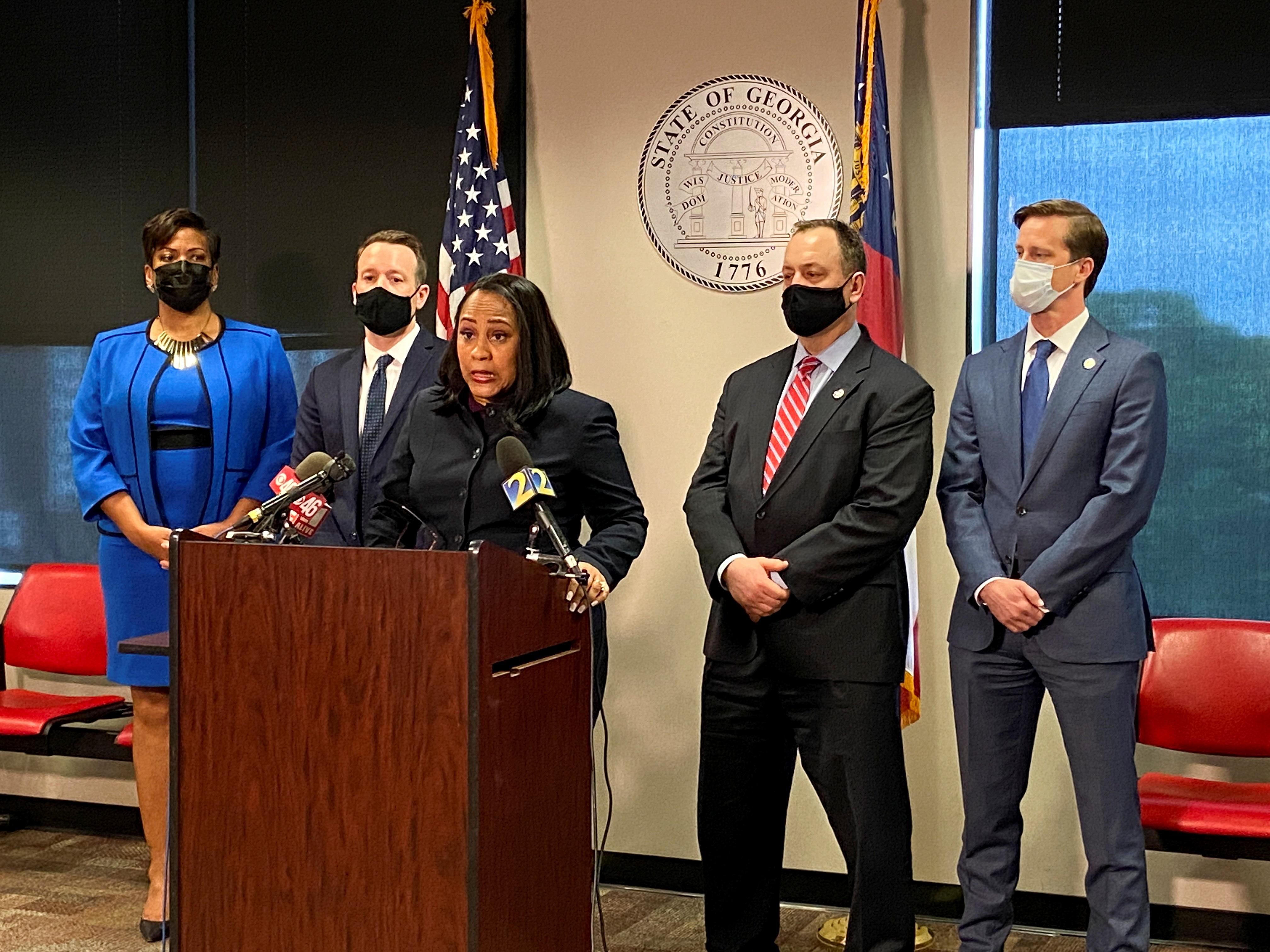 Fulton County District Attorney Fani Willis speaks at a news conference in Atlanta, Georgia, U.S., May 11, 2021. Picture taken May 11, 2021. REUTERS/Linda So/File Photo