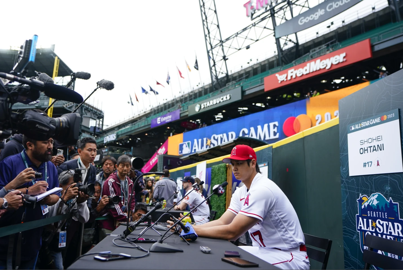 Shohei Ohtani of the Los Angeles Angels speaks to media during All-Star Game player availability, Monday, July 10, 2023, in Seattle. The All-Star Game will be played Tuesday, July 11.