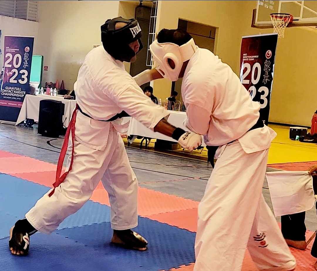 Jerry Diaz and his opponent square off during the WKO Shinkyokushinkai 2023 Guam Full Contact Karate Championship in May at  the ilearn Academy Gymnasium in Guam.