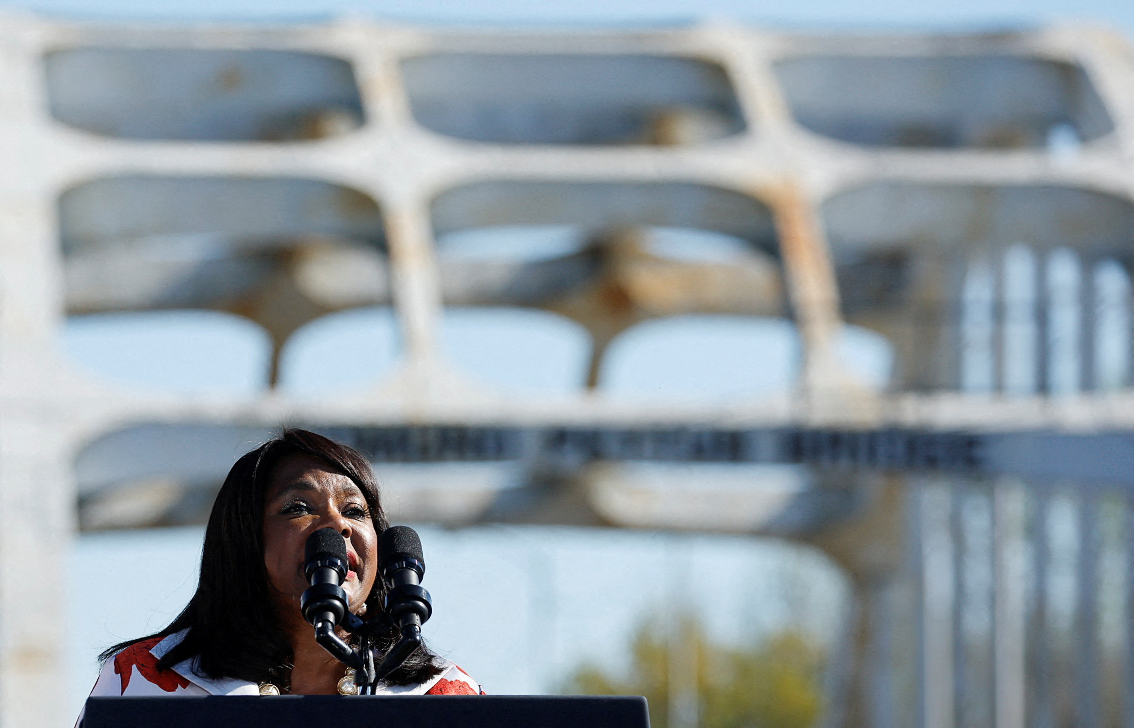 U.S. Representative Terri Sewell (D-AL) speaks, at the commemoration of the 58th anniversary of "Bloody Sunday", when state troopers beat peaceful voting rights protesters who were marching against discrimination, at the Edmund Pettus Bridge in Selma, Alabama, U.S. March 5, 2023. REUTERS/Jonathan Ernst/File Photo