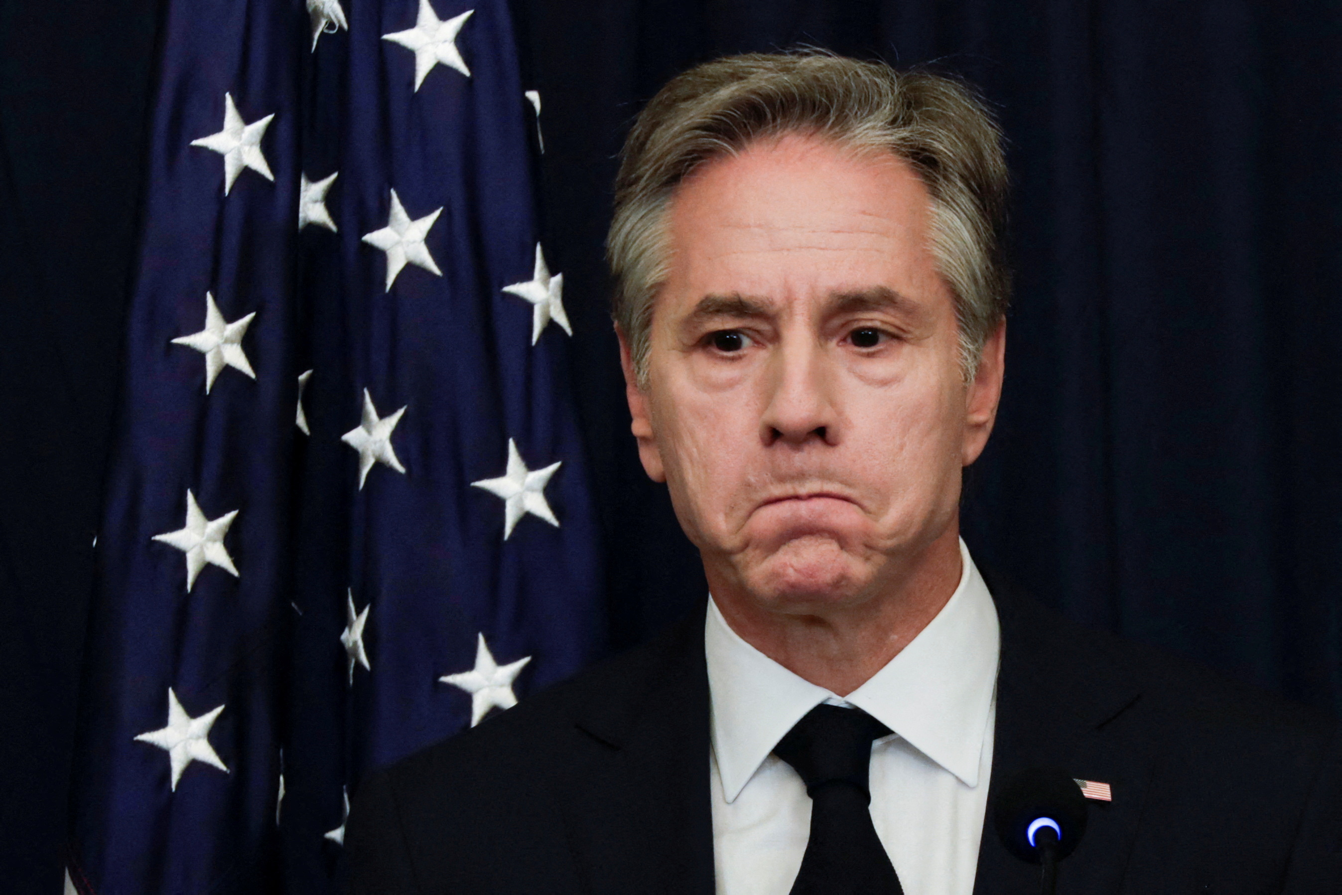 U.S. Secretary of State Antony Blinken reacts during a press conference in Jakarta, Indonesia, July 14, 2023. REUTERS/Ajeng Dinar Ulfiana/File Photo