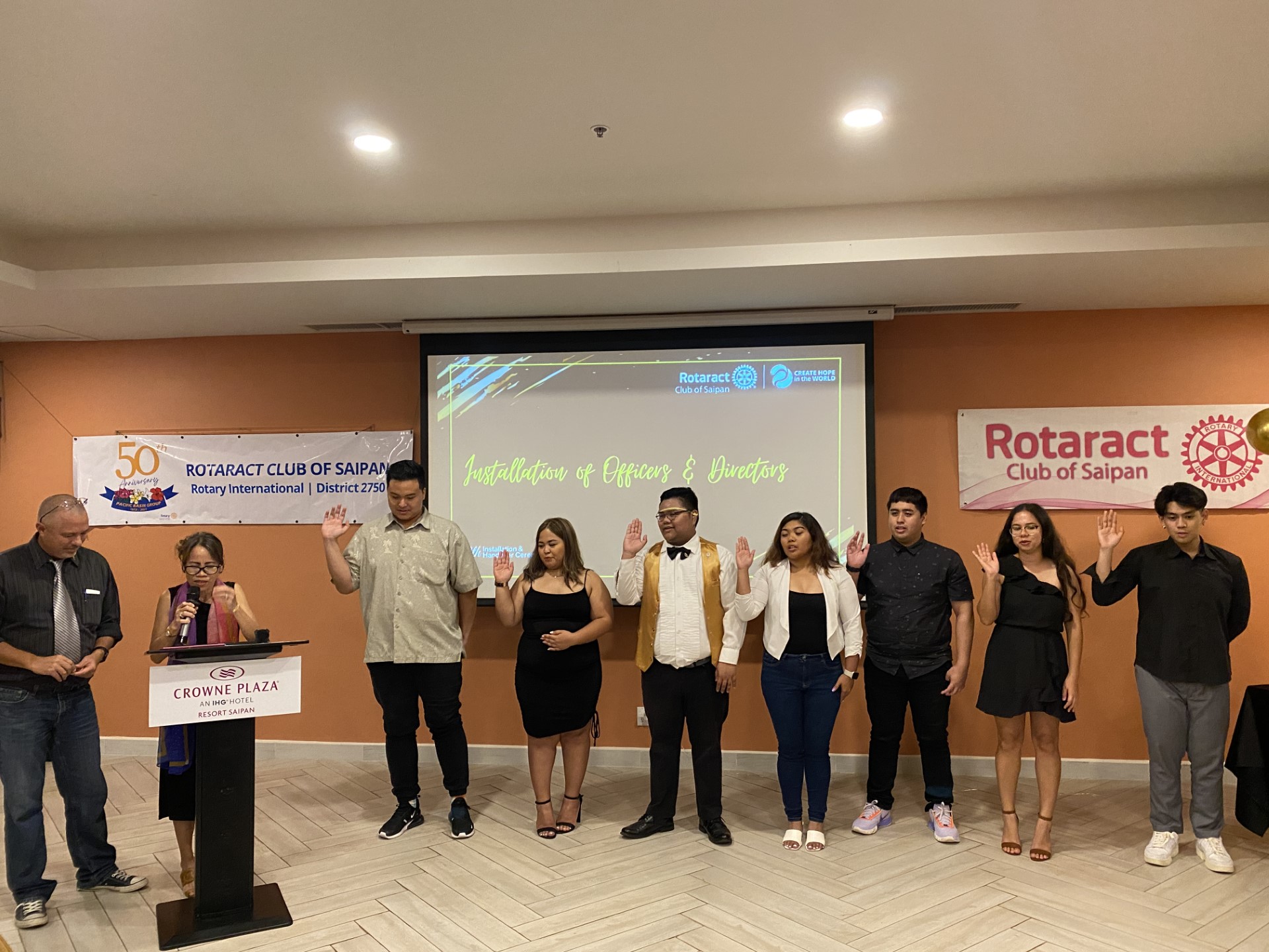 From left,  Saipan Rotary Club Past President and Director of Youth Service New Generations Greg Borja, Saipan Rotary Club President Irene Holl, Rotaract President Richard Baleares, Vice President Raynalyn Sablan, Secretary Jefferson Cunanan, Treasurer Arriane Antonio, Director of Club Service Michael Camacho, Director of International Service Melissa Borja, and Director of Finance Brent Espinosa.