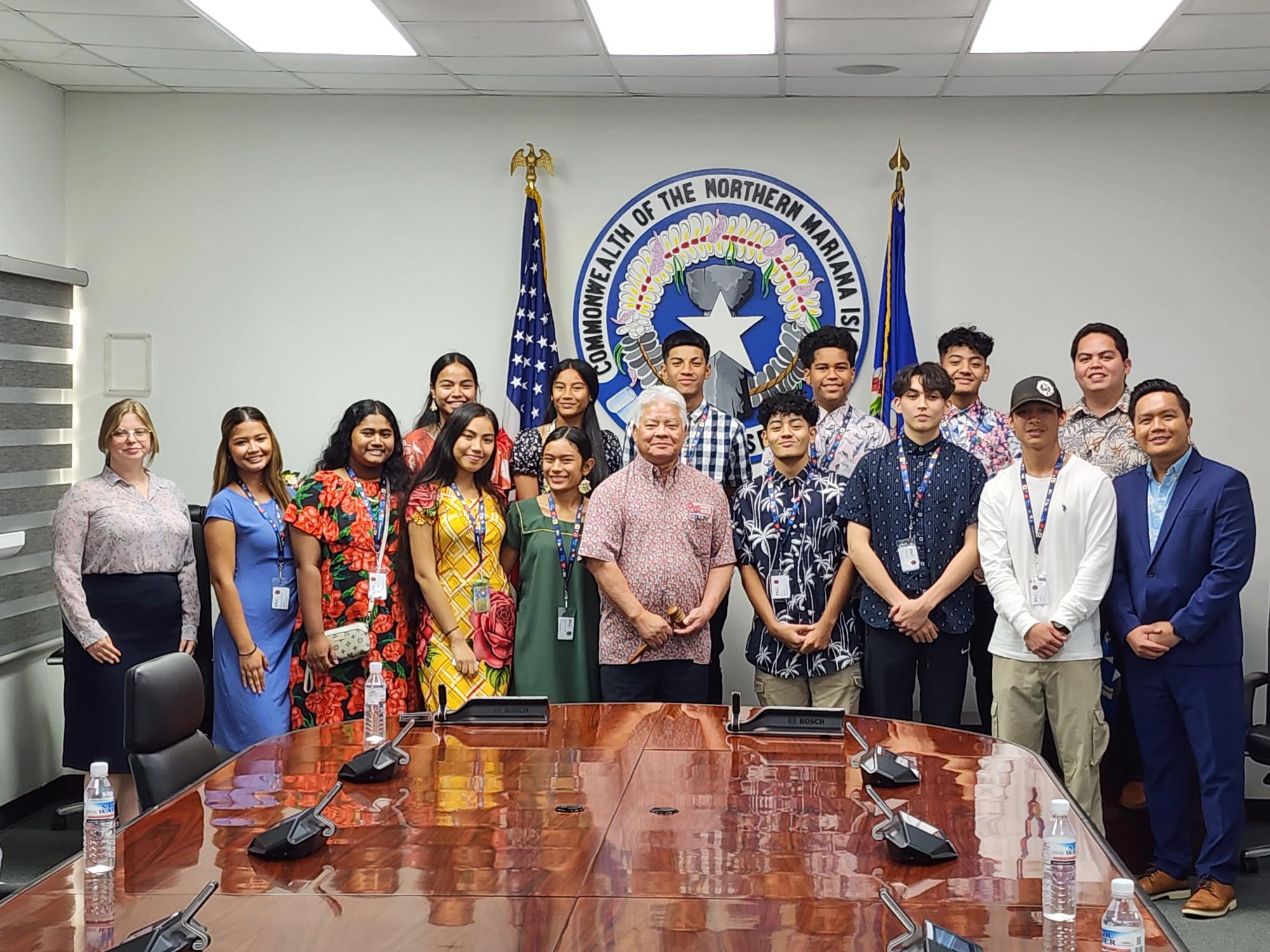 Gov. Arnold I. Palacios poses with 10 high school students participating in the Junior State of America’s Civic Institute Micronesia Program at Northern Marianas College. Joining them are JSA’s Civic Institute Micronesia Program Director Laurel Fischer, NMC’s Kevin Bautista, Christine Deleon Guerrero, Jess Agulto and the program instructor, Thomas Manglona II, KUAM’s chief regional correspondent on Saipan.