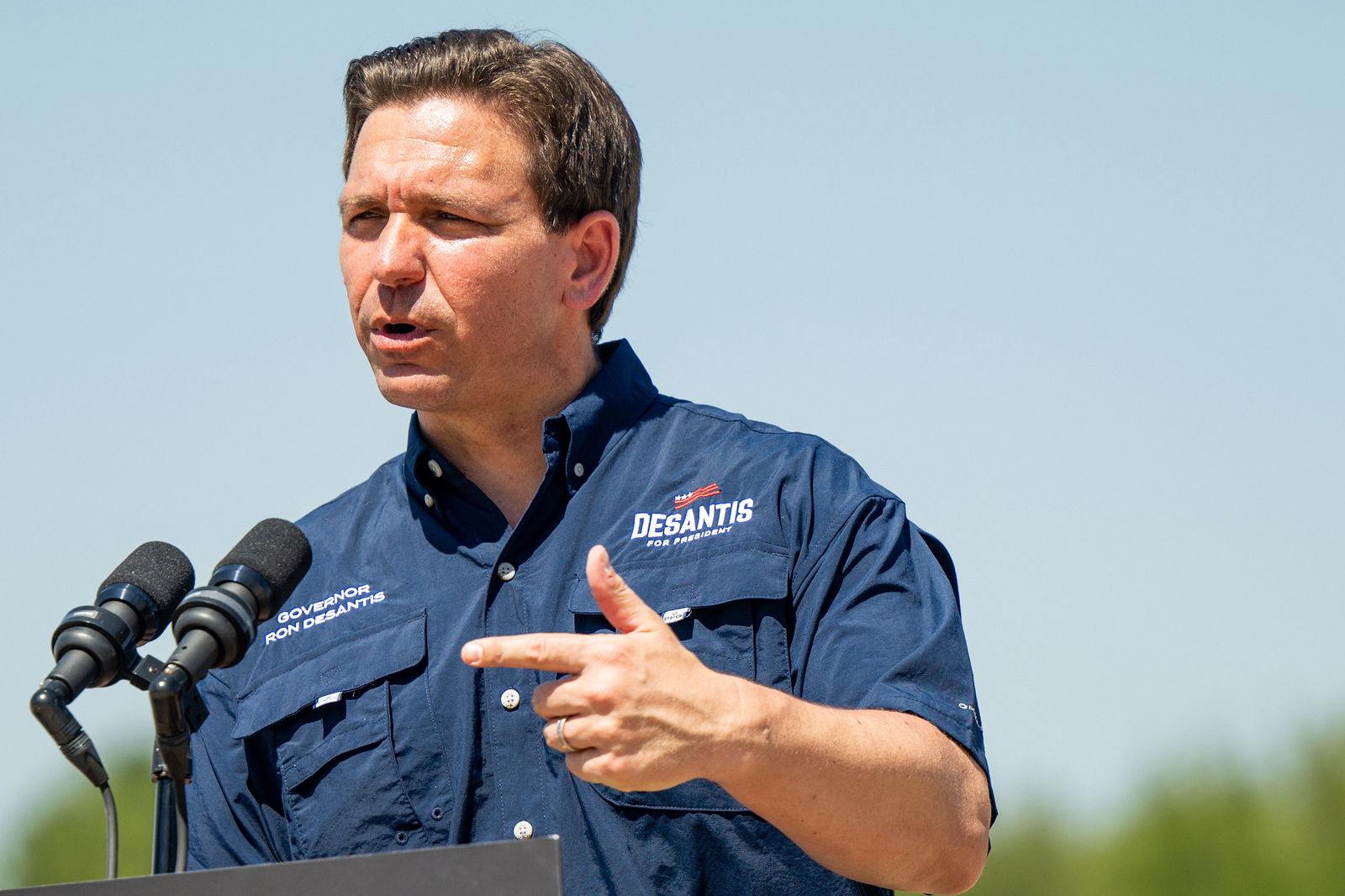Republican presidential candidate, Florida Gov. Ron DeSantis speaks during a press conference on June 26, 2023, in Eagle Pass, Texas. (Brandon Bell/Getty Images/TNS)
