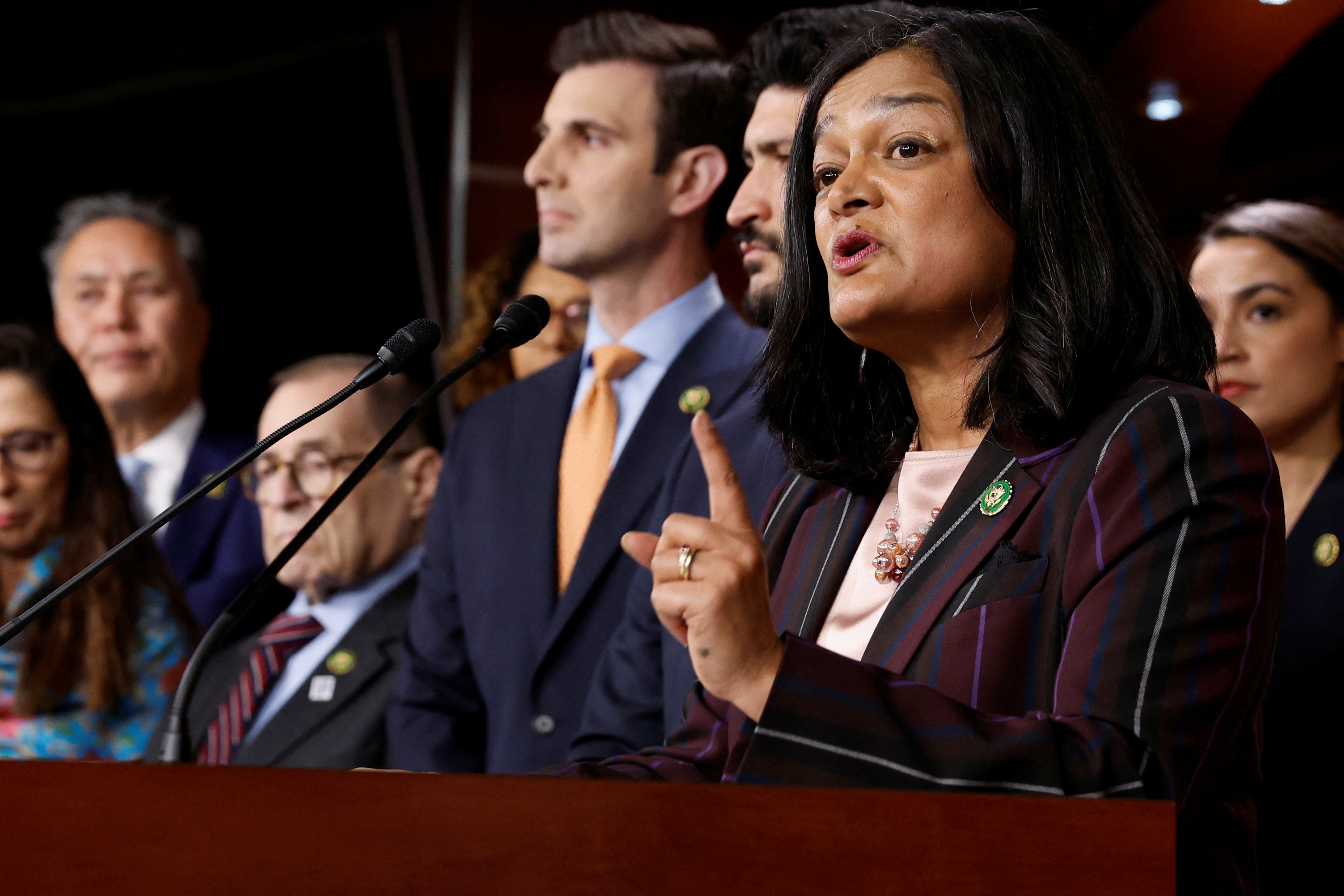 U.S. Representative Pramila Jayapal (D-WA) leads a House Progressive Caucus news conference on Capitol Hill in the midst of ongoing negotiations seeking a deal to raise the United States' debt ceiling and avoid a catastrophic default, in Washington, U.S. May 24, 2023. REUTERS/Jonathan Ernst/File photo
