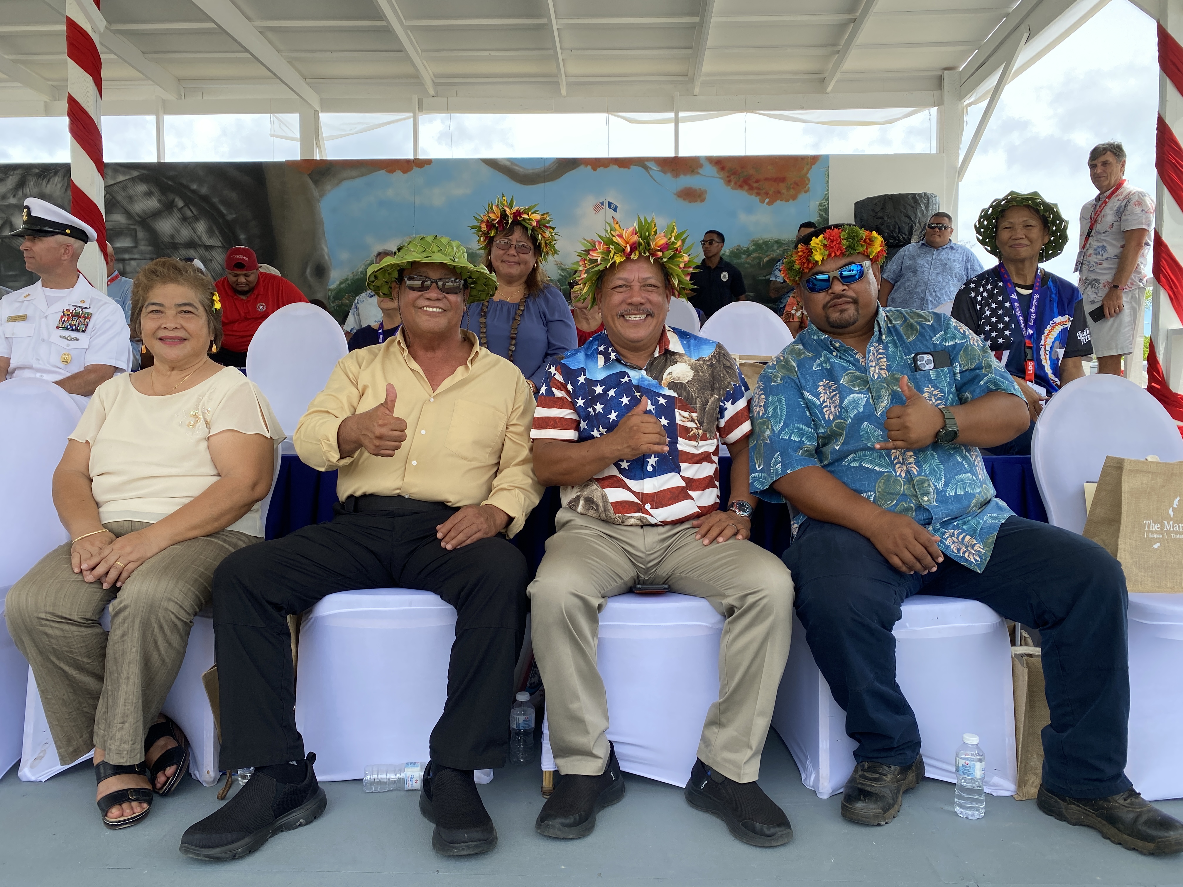 Saipan Mayor RB Camacho and Tinian Mayor Edwin Aldan pose for a photo on the grandstand