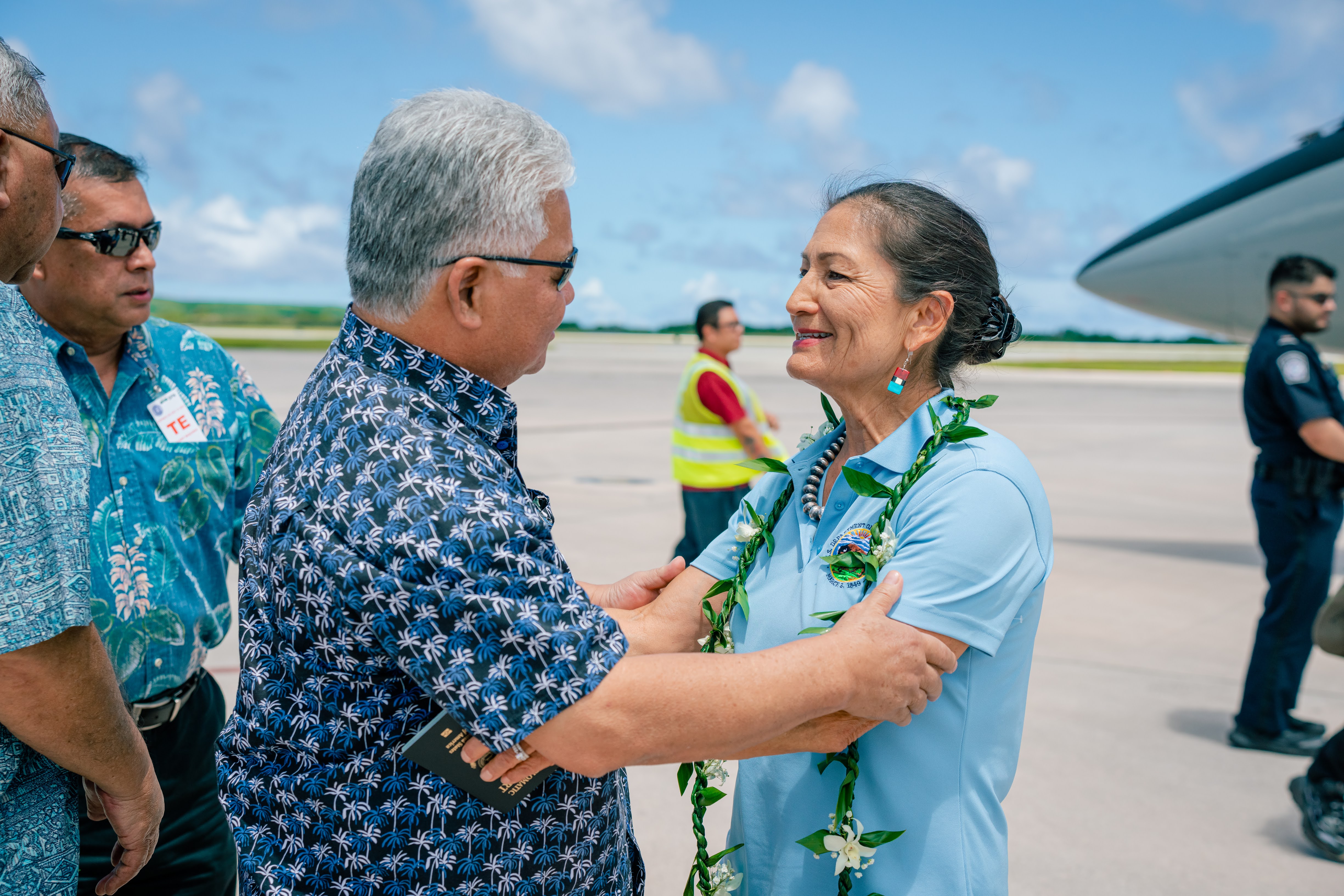 Gov. Arnold I. Palacios greets U.S. Department of the Interior Secretary Deb Haaland as she arrives for a visit to the CNMI on Thursday. 
