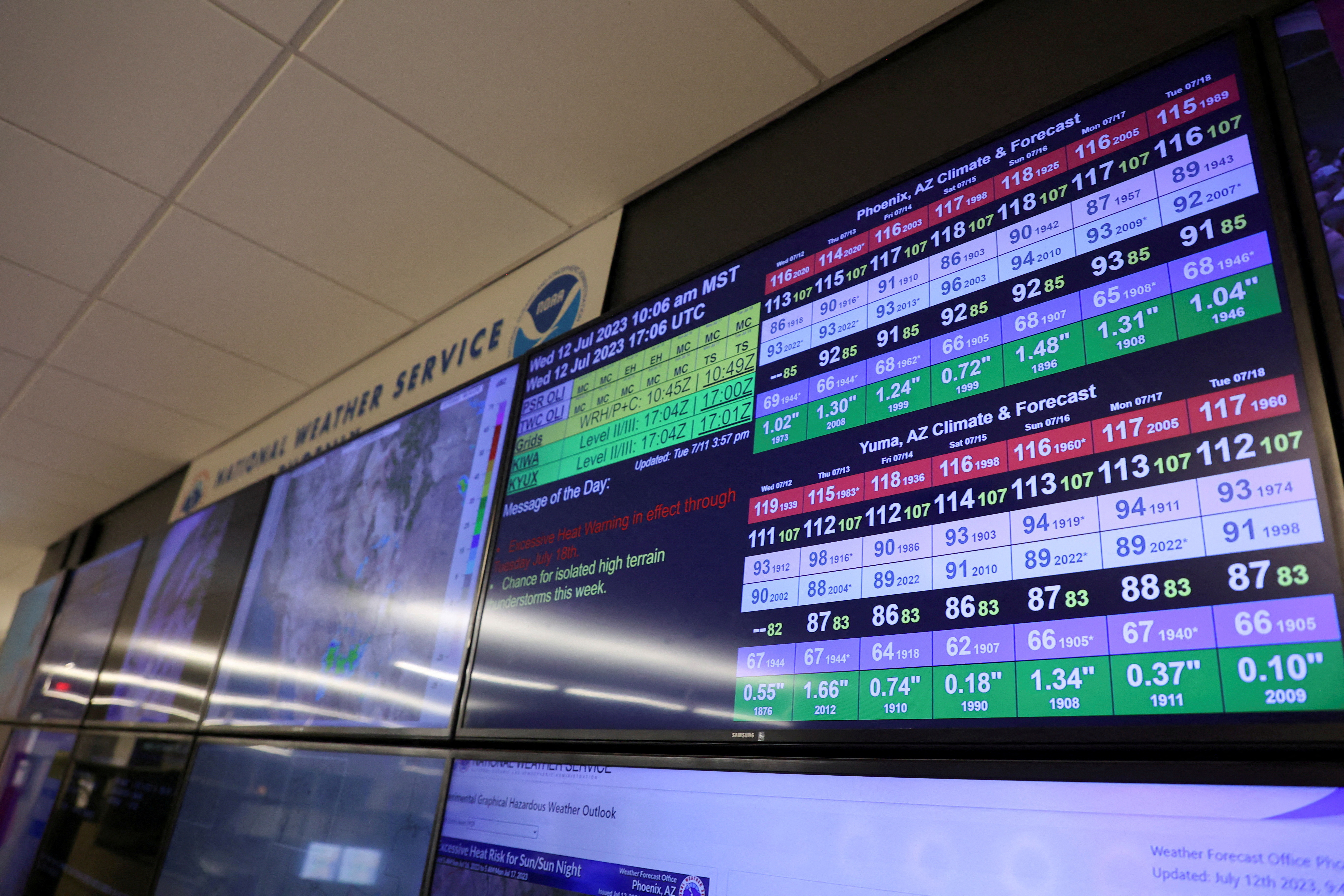 A screen is seen at the National Weather Service Phoenix office, with multiple heat records close to being broken as a prolonged heat wave blankets a swath of the U.S., in Tempe, Arizona, July 12, 2023. REUTERS/Liliana Salgado/File Photo