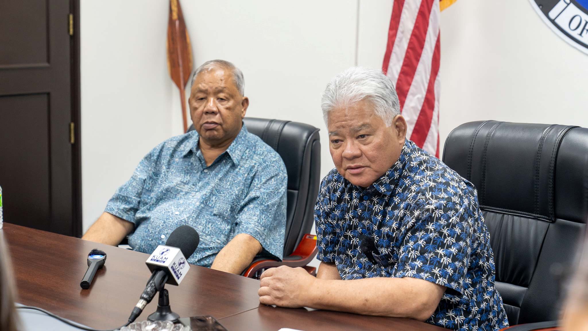 Gov. Arnold I. Palacios, right, speaks to the members of the media, while Lt. Gov. David M. Apatang listens during a press conference at the governor's office on Thursday.