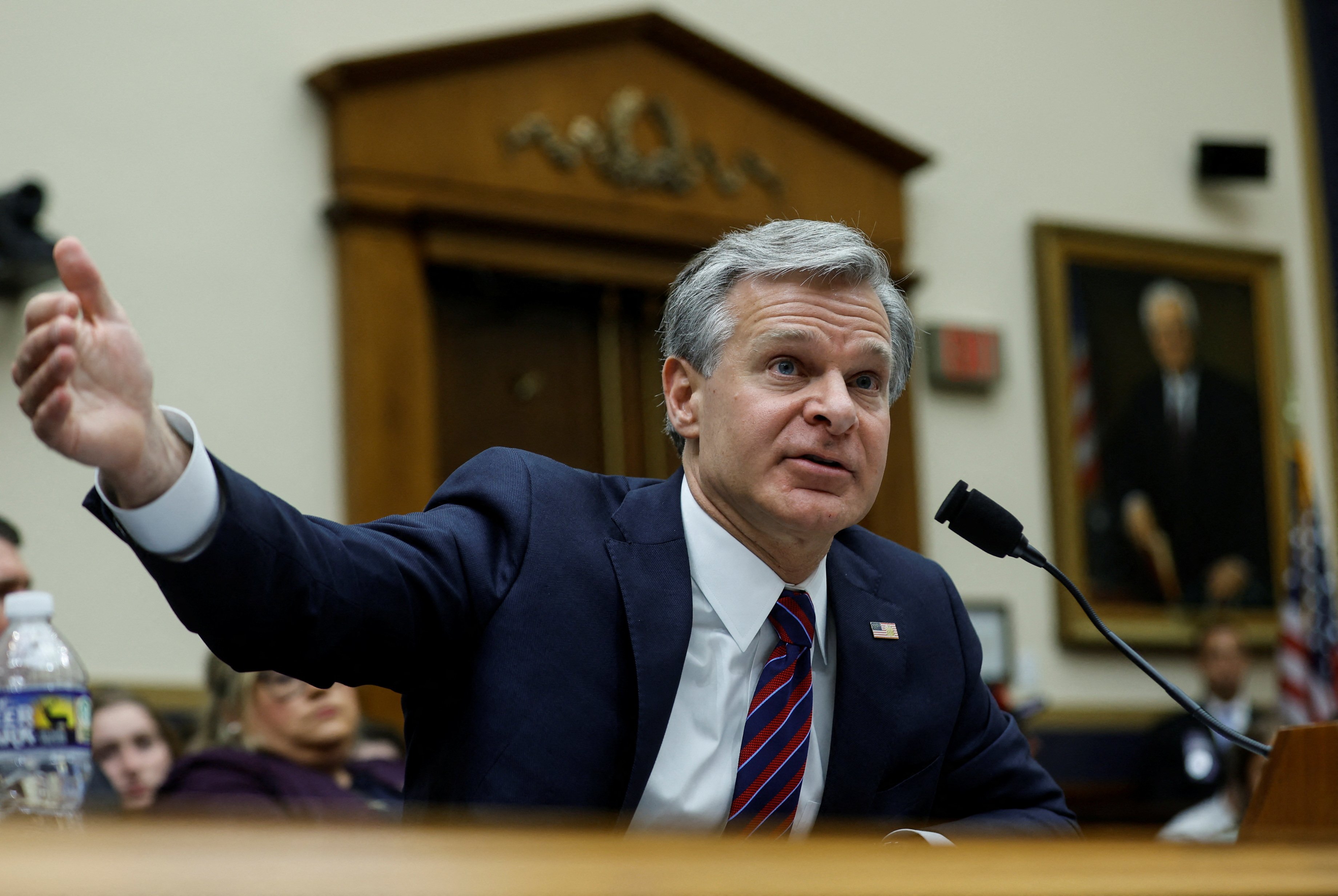 FBI Director Christopher Wray testifies before a House Judiciary Committee hearing on "oversight of the Federal Bureau of Investigation" and alleged politicization of law enforcement, on Capitol Hill in Washington, U.S., July 12, 2023. REUTERS/Jonathan Ernst