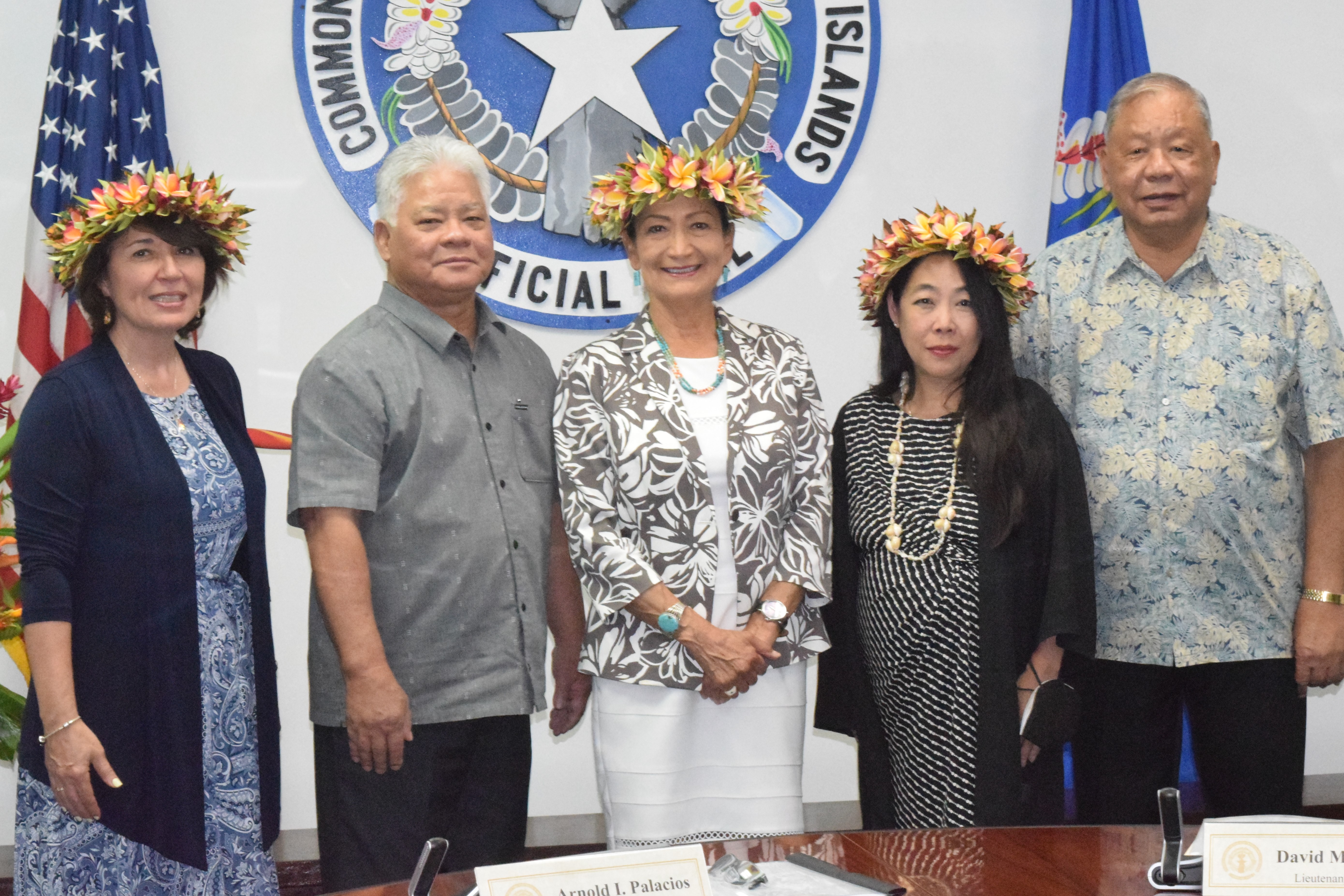 From left, Department of the Interior Assistant Secretary for Insular Affairs Carmen Cantor, Gov. Arnold I. Palacios, Department of the Interior Secretary Deb Haaland, White House Senior Liaison for Asian American, Native Hawaiian and Pacific Islanders Erika Moritsugu and Lt. Gov. David M. Apatang in the governor's conference room on Friday.