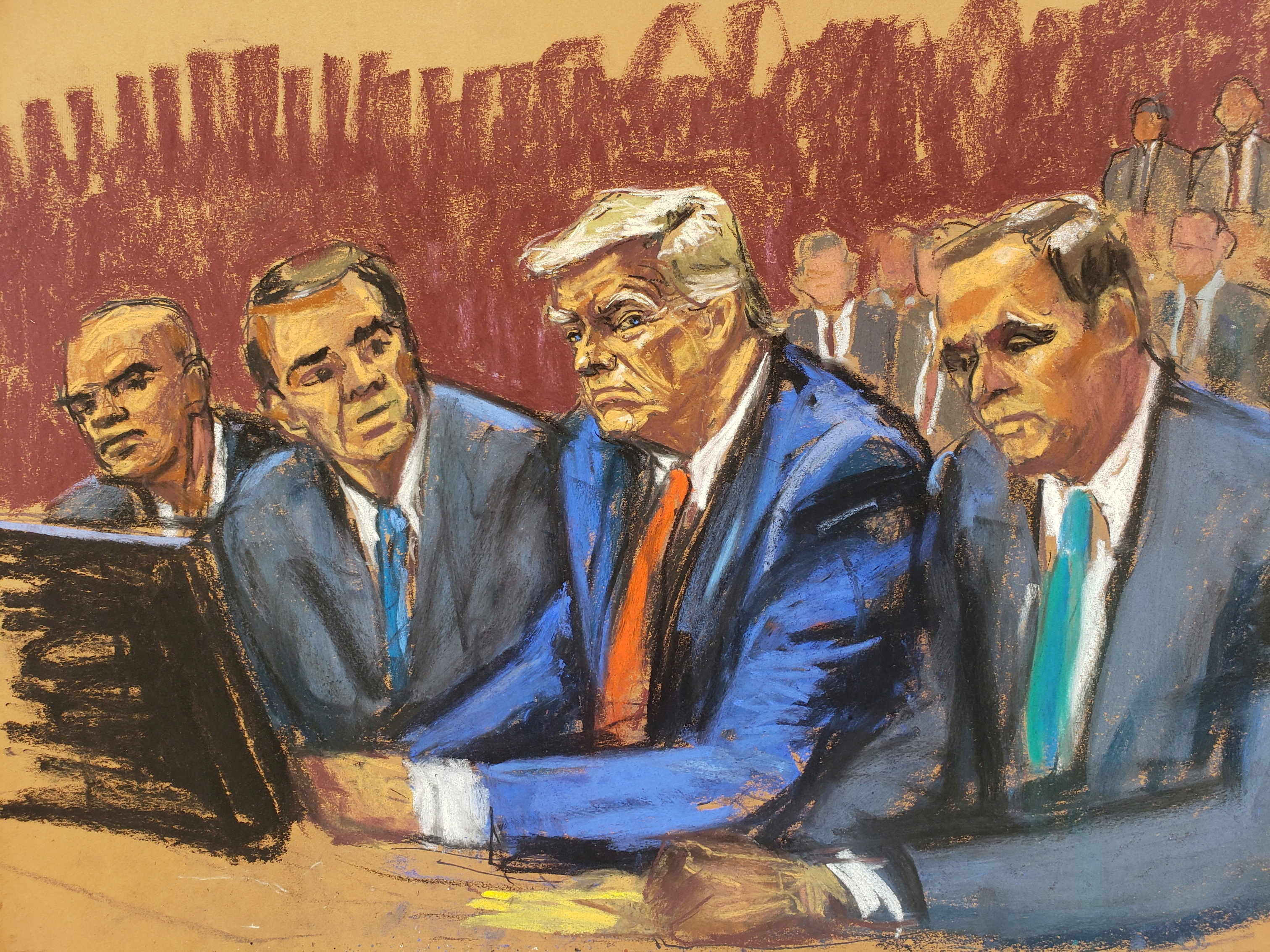 Former U.S. President Trump appears on classified document charges after a federal indictment at Wilkie D. Ferguson Jr. United States Courthouse, alongside his aide Walt Nauta and attorneys Chris Kise and Todd Blanche in Miami, Florida, U.S., June 13, 2023 in a courtroom sketch. REUTERS/Jane Rosenberg/File Photo