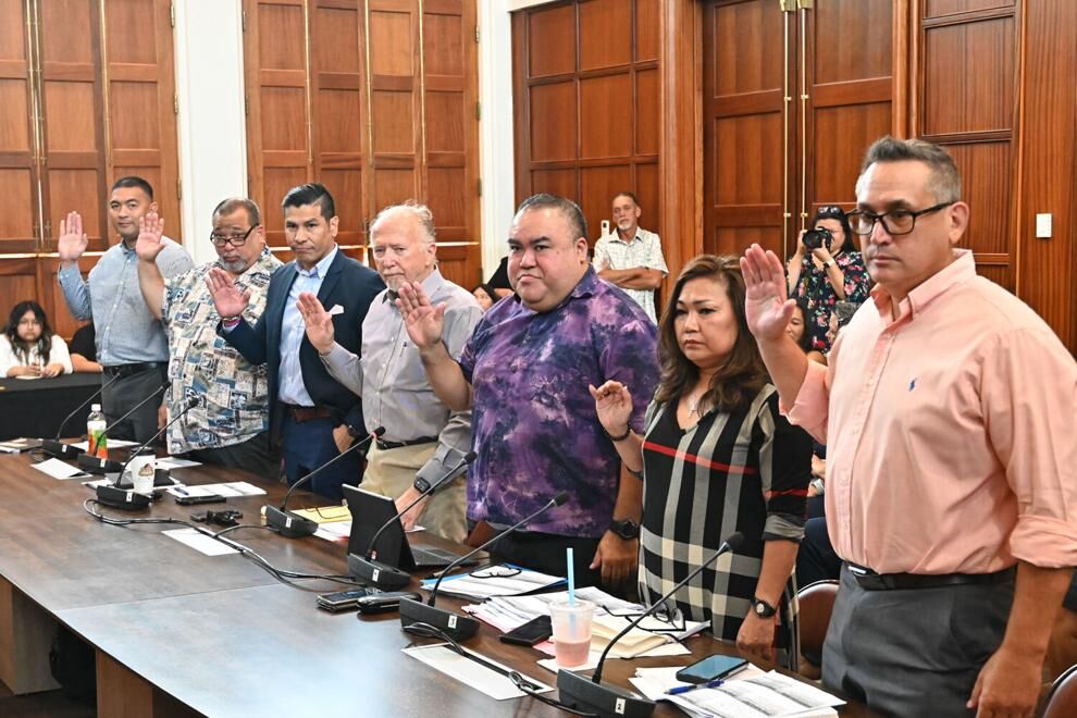 Representatives of the Guam Department of Education are sworn in before testifying during an oversight hearing Tuesday, July 18, 2023, at the Public Hearing Room of the Guam Congress Building in Hagåtña. From left: Brian San Nicolas, Anthony (Sean) Monforte, Franklin Cooper-Nurse, Superintendent K. Erik Swanson and Deputy Superintendents Joseph Sanchez, Erika S. Cruz and Chris Anderson.