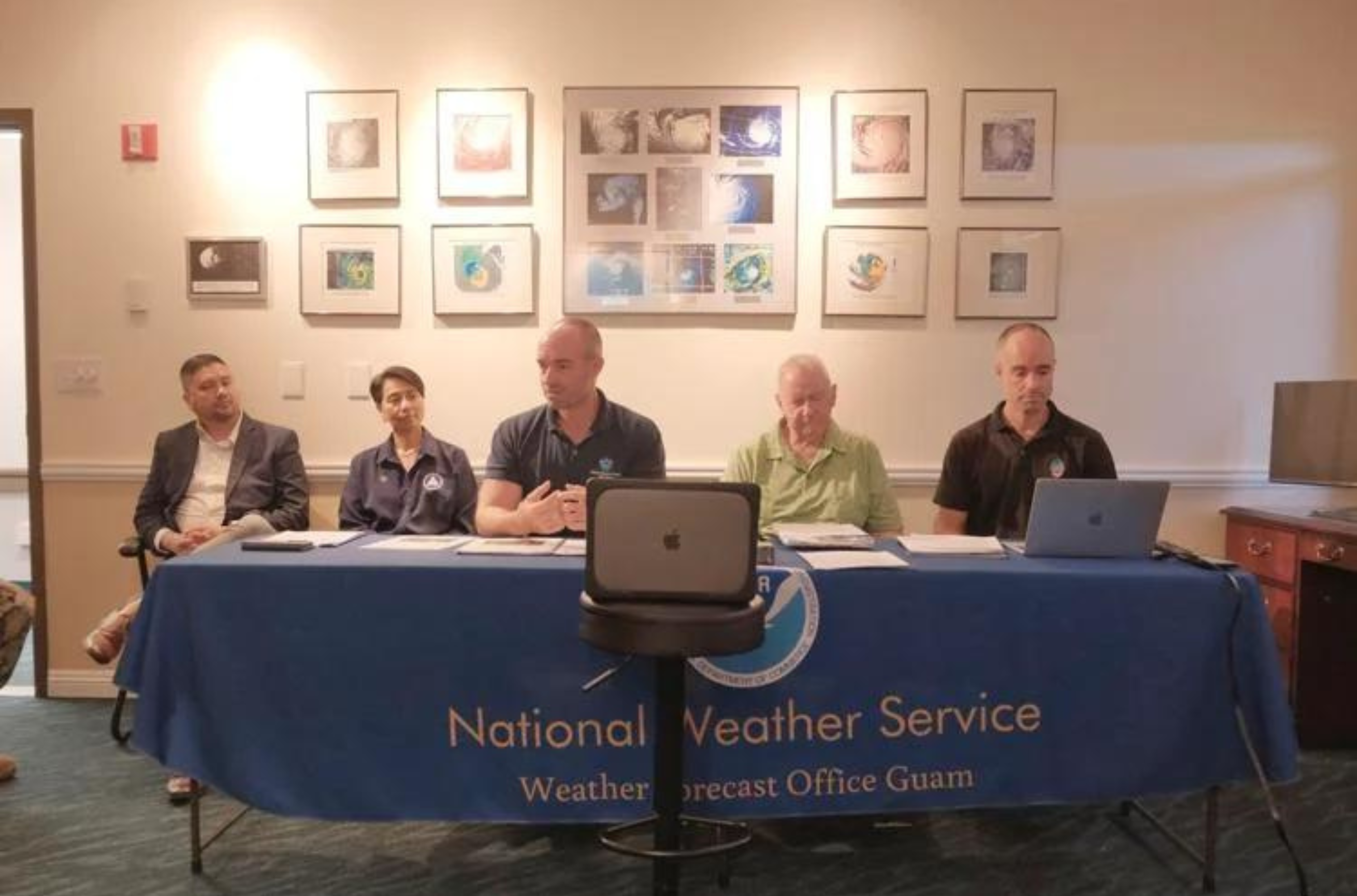 Representatives from the National Weather Service and Guam Homeland Security/Office of Civil Defense hold a meeting for a Typhoon Mawar assessment at the NWS office in Tiyan, Barrigada, on Friday. Pictured from left: GHS/OCD Administrator Charles Esteves; acting Guam Homeland Security Advisor Esther Aguigui; NWS warning coordination meteorologist Landon Aydlett; Charles “Chip” Guard, former NWS warning coordination meteorologist and Brandon Aydlett, NWS meteorologist.