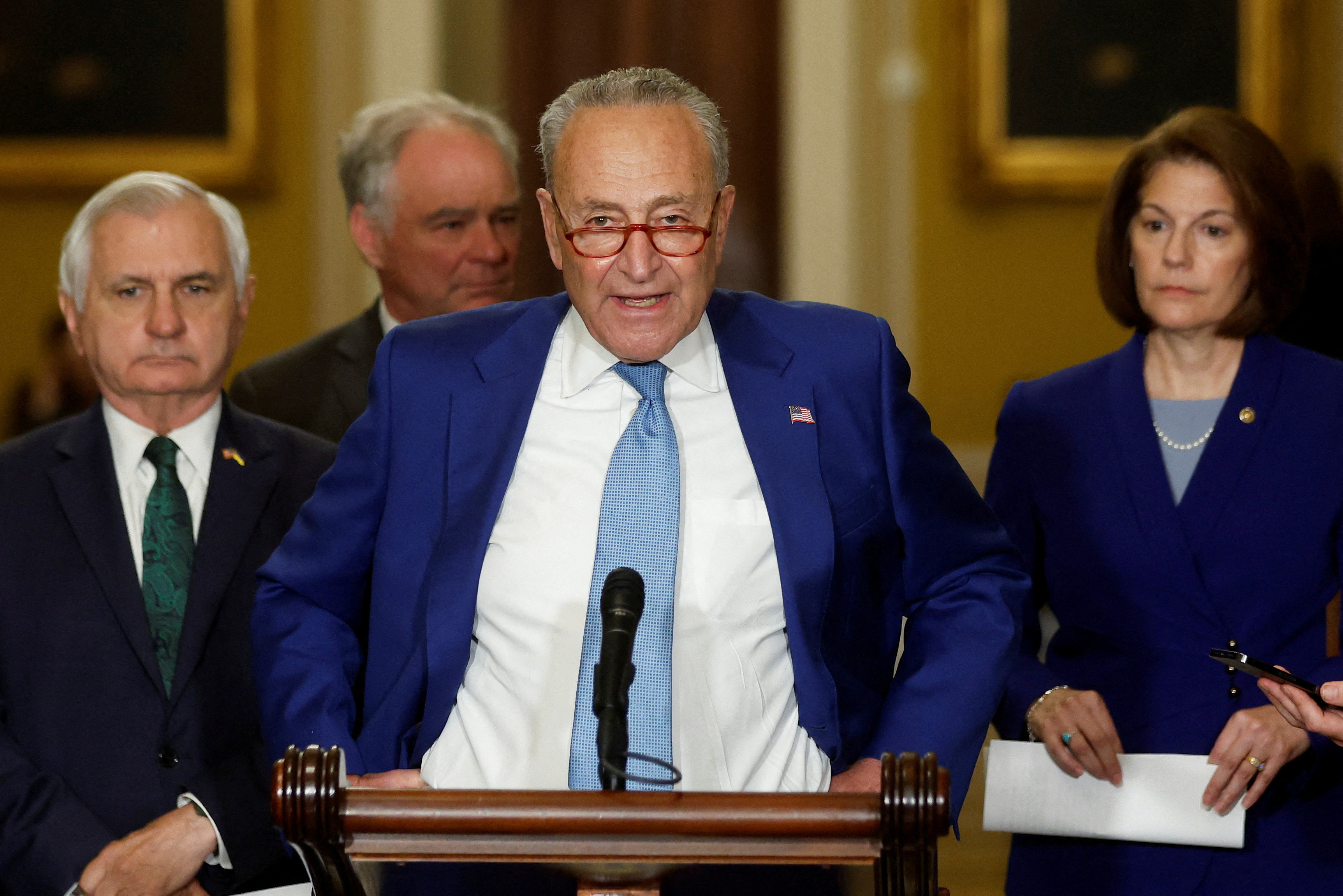 U.S. Senate Majority Leader Chuck Schumer (D-NY), with Senator Jack Reed (D-RI), Senator Tim Kaine (D-VA) and Senator Catherine Cortez Masto (D-NV), holds a press conference after the weekly Democratic caucus policy luncheon at the U.S. Capitol in Washington, U.S. July 19, 2023. REUTERS/Jonathan Ernst/File Photo