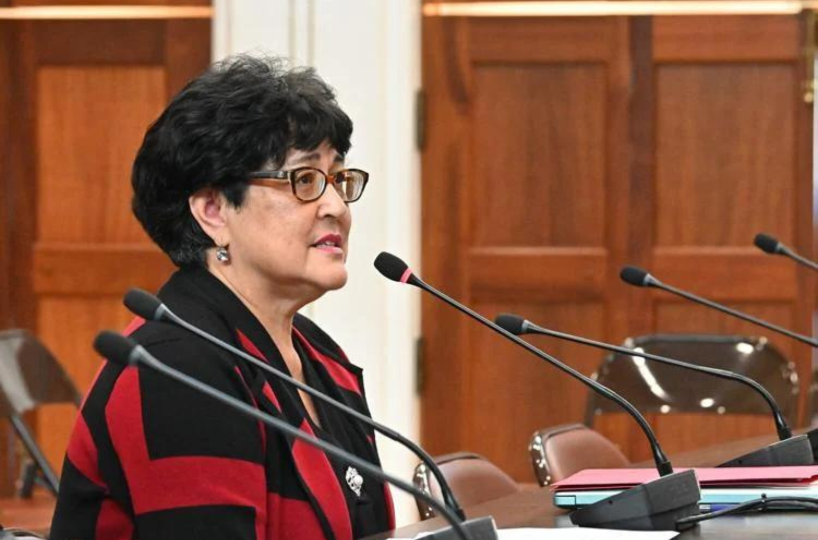 Elizabeth Barrett-Anderson, a former judge, senator and attorney general, who now serves as a member of the Criminal Injuries Compensation Commission, testifies during a public hearing Monday, July 10, 2023, at the Guam Congress Building in Hagåtña in favor of Bill 144-37, which she helped craft.