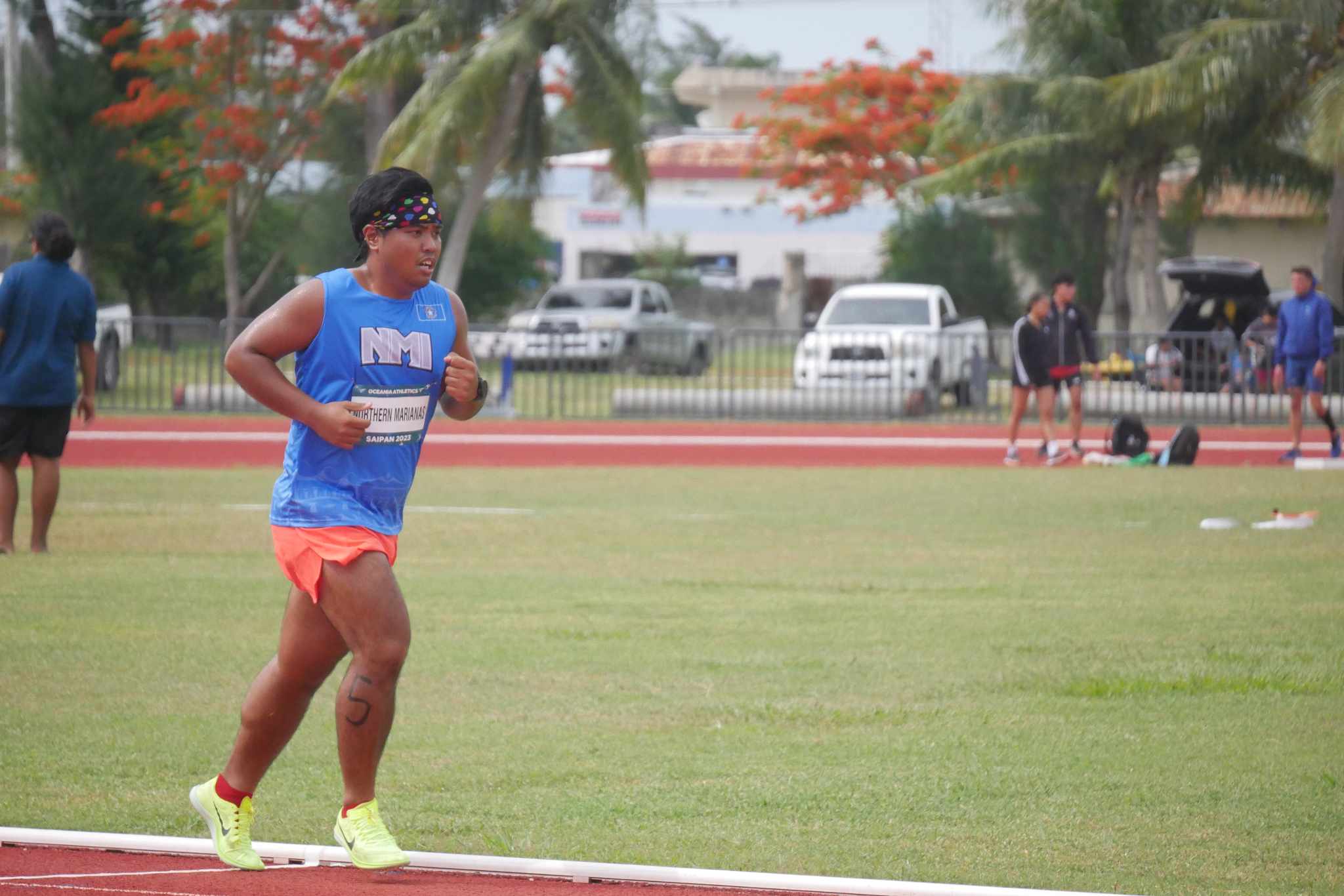 Simon Necesito pushes through the 1500m event of the 2023 Oceania Cup at the Oleai Sports Complex track and field oval.