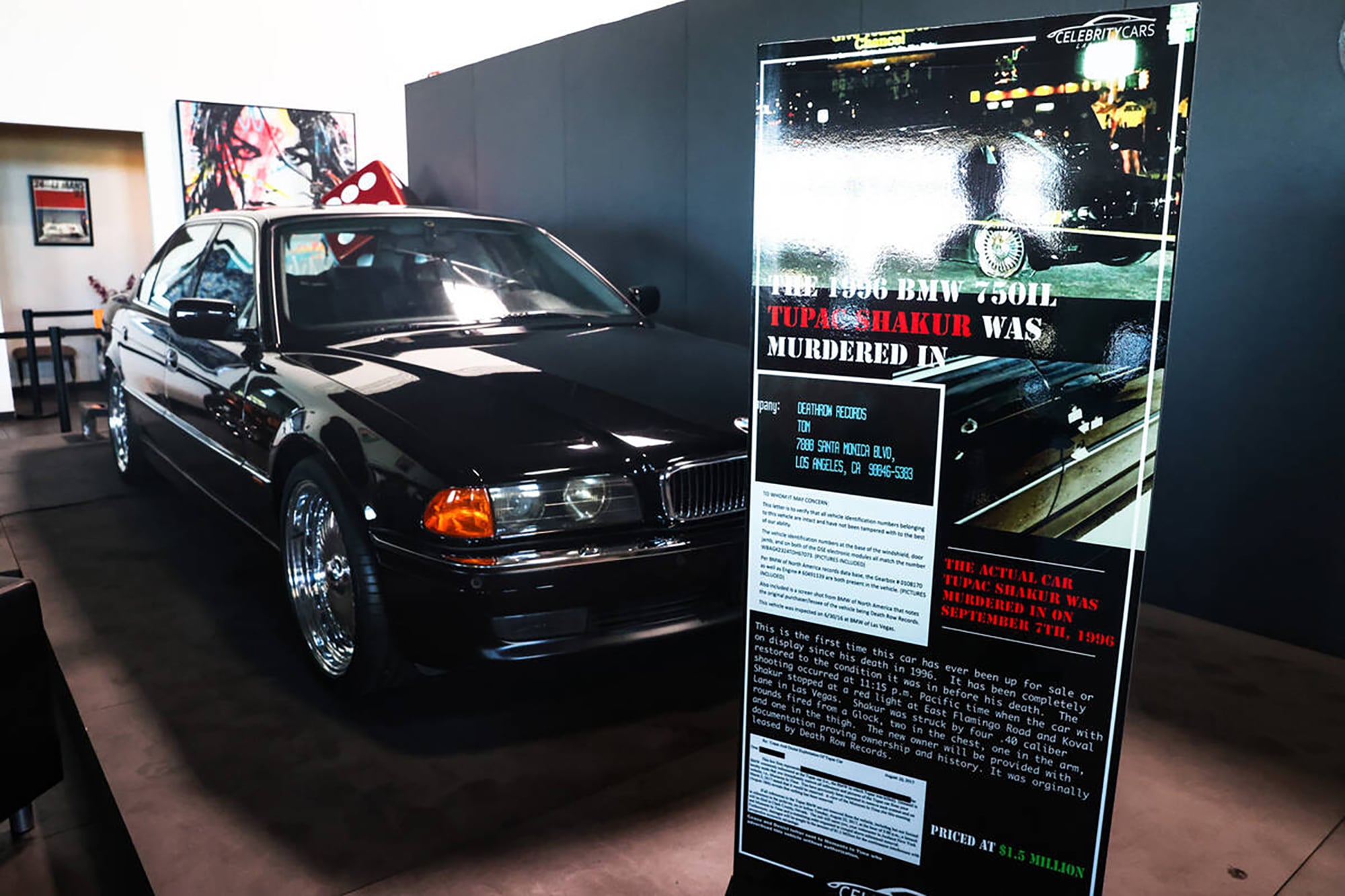 The BMW that Tupac Shakur was riding in when he was fatally shot is for sale at Celebrity Cars in Las Vegas on July 27, 2023. (Rachel Aston/Las Vegas Review-Journal/TNS)