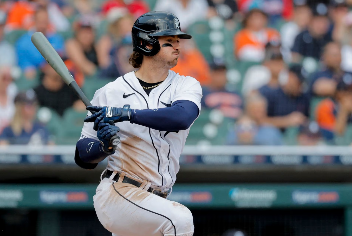 Detroit Tigers second baseman Zach McKinstry (39) hits a single against the Atlanta Braves in the eighth inning at Comerica Park in  Detroit, Michigan, June 14, 2023.