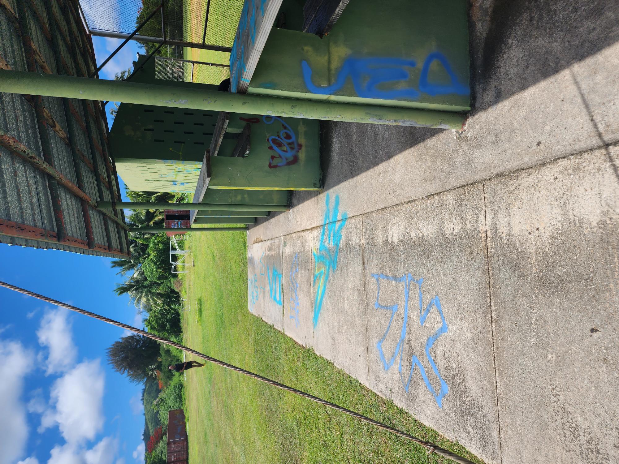 The baseball field’s bleachers, walkways, and walls were spray-painted with graffiti