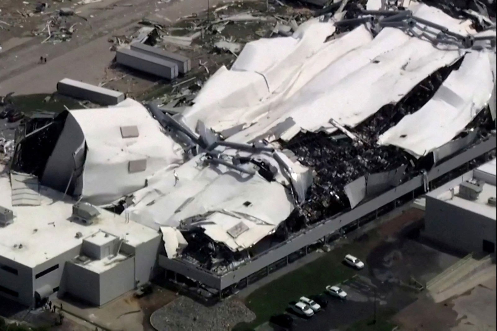 The roof of a Pfizer facility shows heavy damage after a tornado passed the area in Rocky Mount, North Carolina, U.S. July 19, 2023. ABC Affiliate WTVD via REUTERS/File Photo