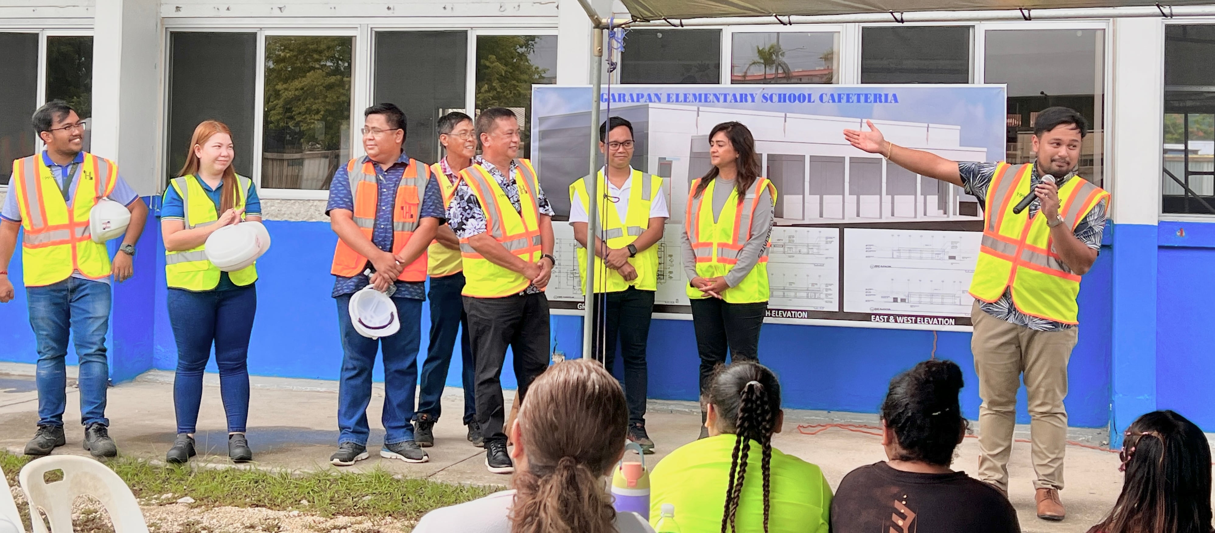 HBR International Managing Director John Saludez, right, introduces his team that will oversee the construction of  Garapan Elementary School’s new cafeteria.