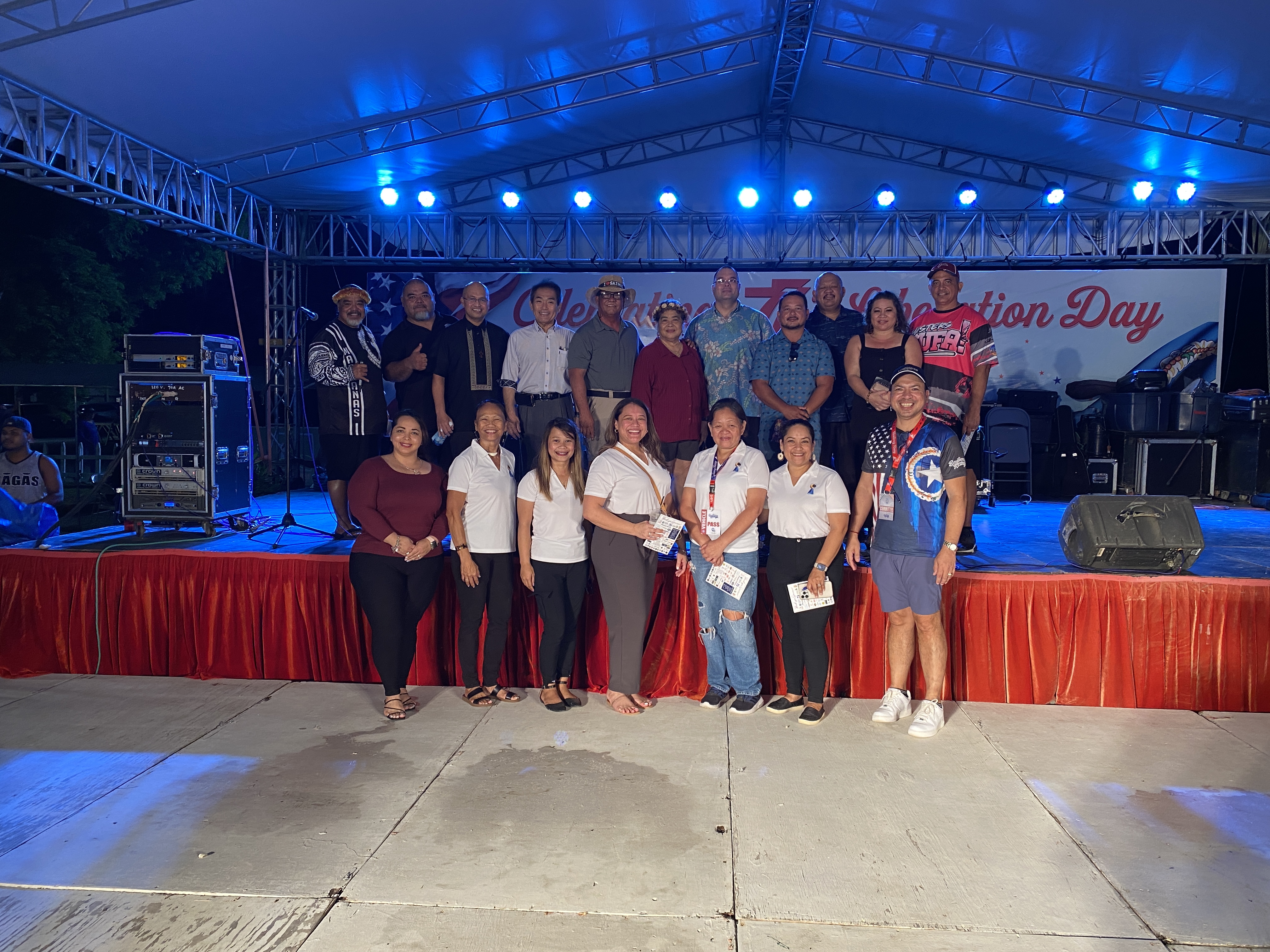 Back row, from left, Gordon Marciano, Liberation Day Entertainment Committee chair; Jojo Attao, Logistics Committee chair; Chalan Kanoa Bishop Ryan Jimenez; Furusato Japanese Restaurant owner Hideaki Sawada; Saipan Mayor Ramon RB Camacho; his wife Delia Maratita Camacho; Speaker Edmund Villagomez; Vice Speaker Joel Camacho; Saipan and Northern Islands Legislative Delegation Chairman JP Sablan; Rep, Julie Ogo; and Rep. Joseph Flores. Front row, from left, Priscilla M. Iakopo, Saipan mayor’s chief of staff, Liberation Day Committee board member and Parade Committee chair; Frances Sablan, Hospitality Committee chair; Diane Matsutaro, Liberation Day Committee vice chair and secretary; Nadine Deleon Guerrero, Liberation Day Committee chair; Jeanette Sarabia, Sponsorship Committee chair; Natashia N. Tomokane, Liberation Day Committee board member and Media/Marketing Committee chair; Wil Abu, Liberation Day Committee board treasurer and Finance Committee chair.