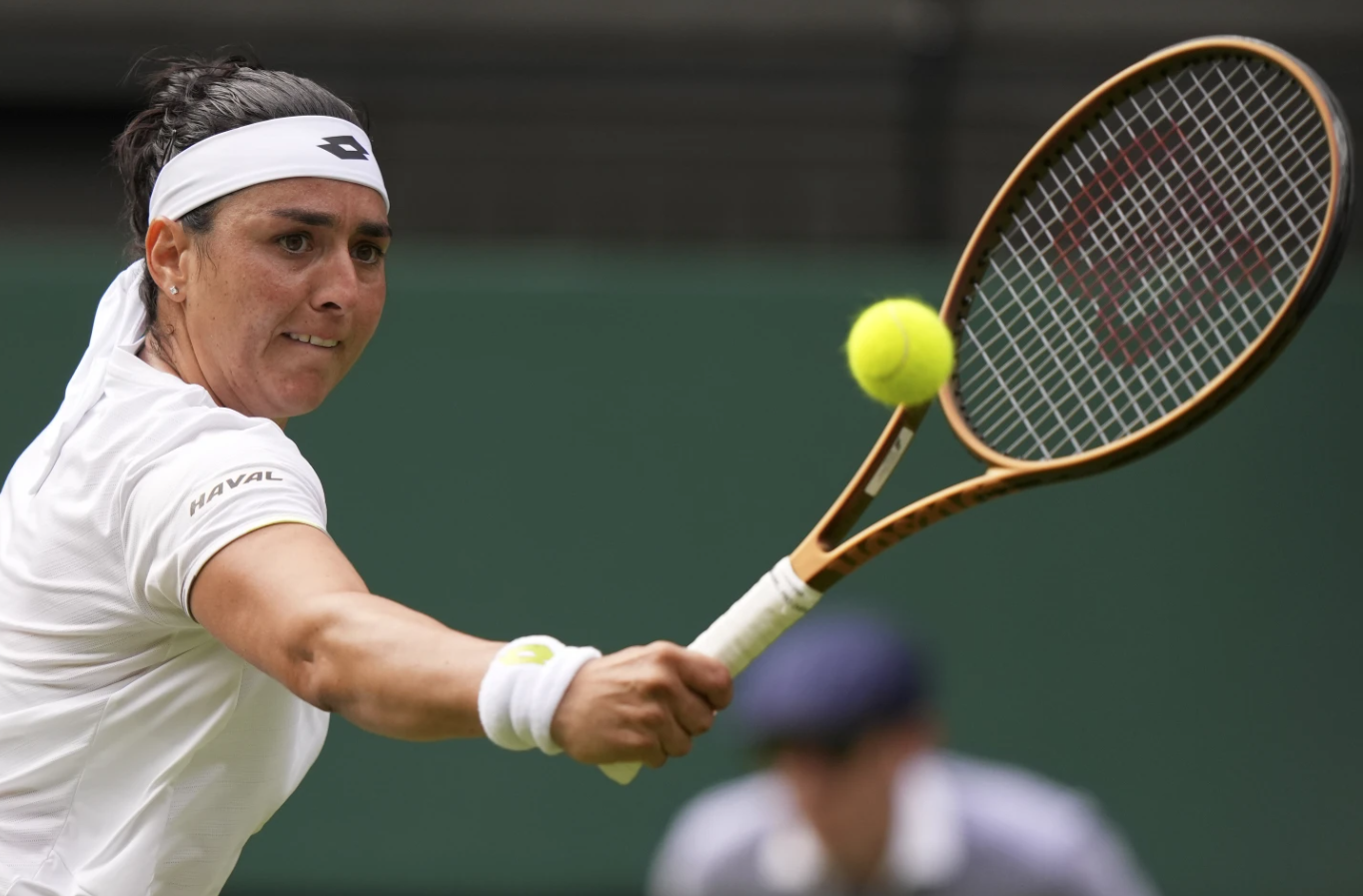 Tunisia’s Ons Jabeur returns to Czech Republic’s Petra Kvitova in a women’s singles match on day eight of the Wimbledon tennis championships in London, Monday, July 10, 2023.