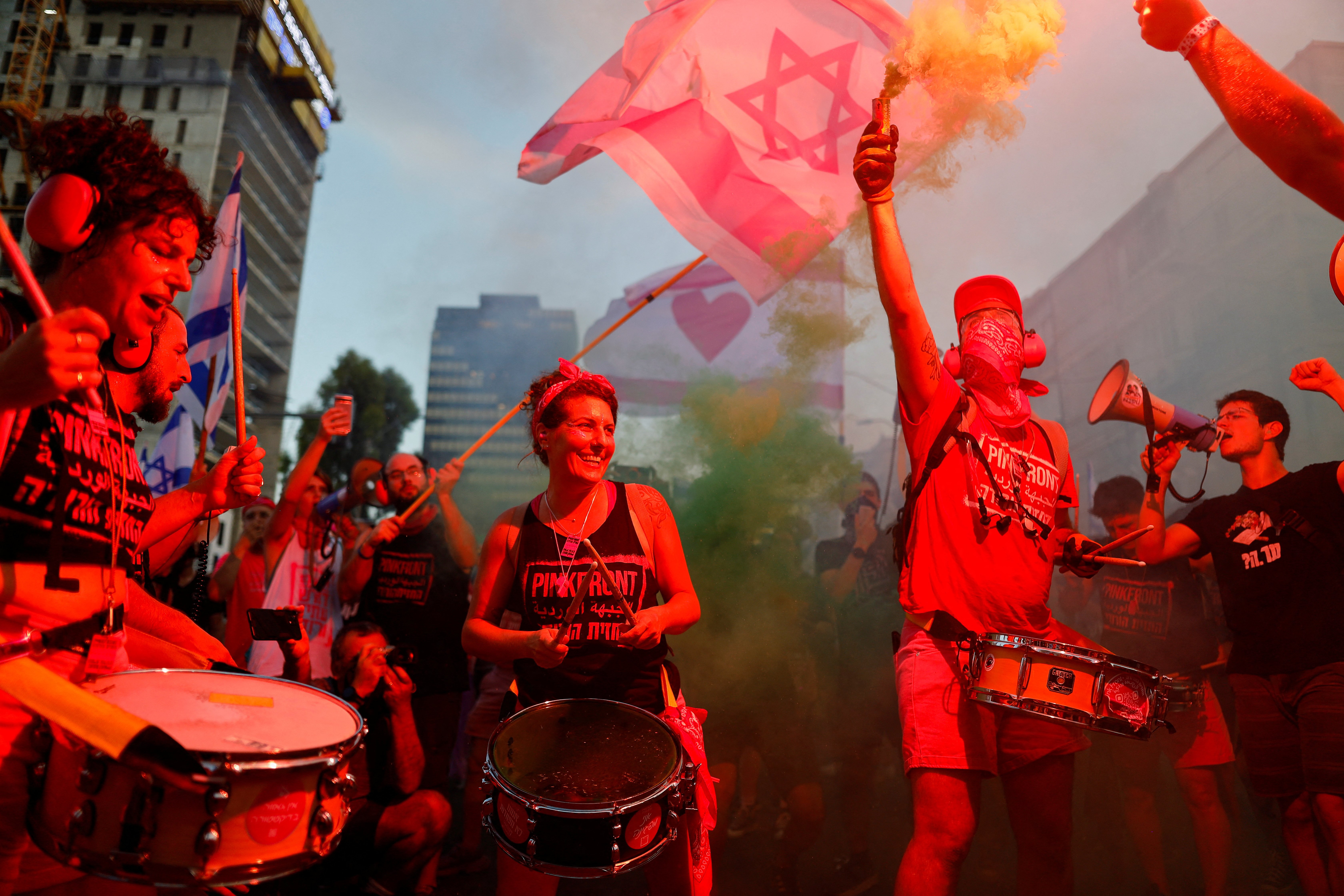 People take part in a demonstration against Israeli Prime Minister Benjamin Netanyahu and his nationalist coalition government's judicial overhaul, in Tel Aviv, Israel, July 22, 2023. REUTERS/Corinna Kern