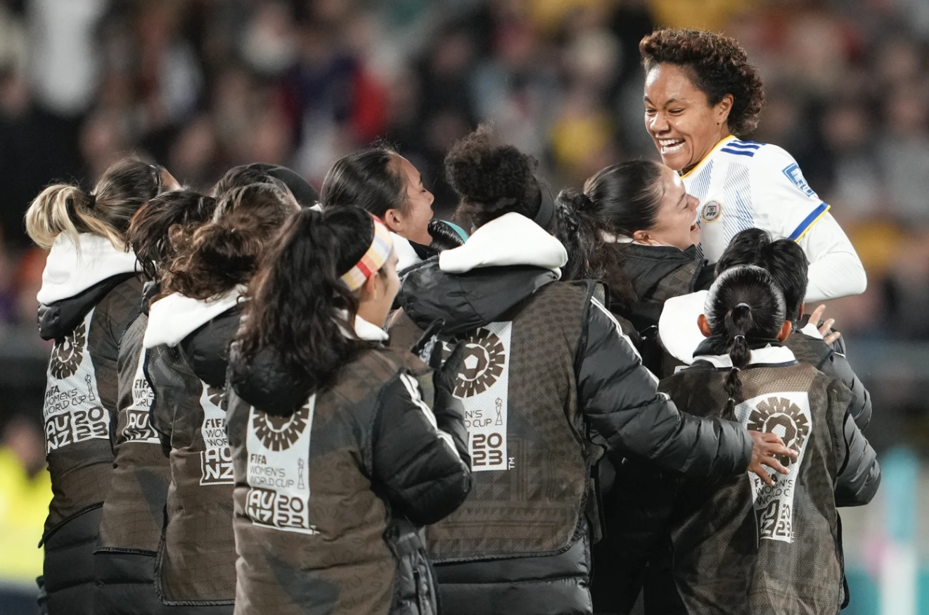 The Philippines’ Sarina Bolden celebrates with her teammates on the bench after scoring her team’s first goal during the Women’s World Cup Group A soccer match between New Zealand and the Philippines in Wellington, New Zealand, Tuesday, July 25, 2023.