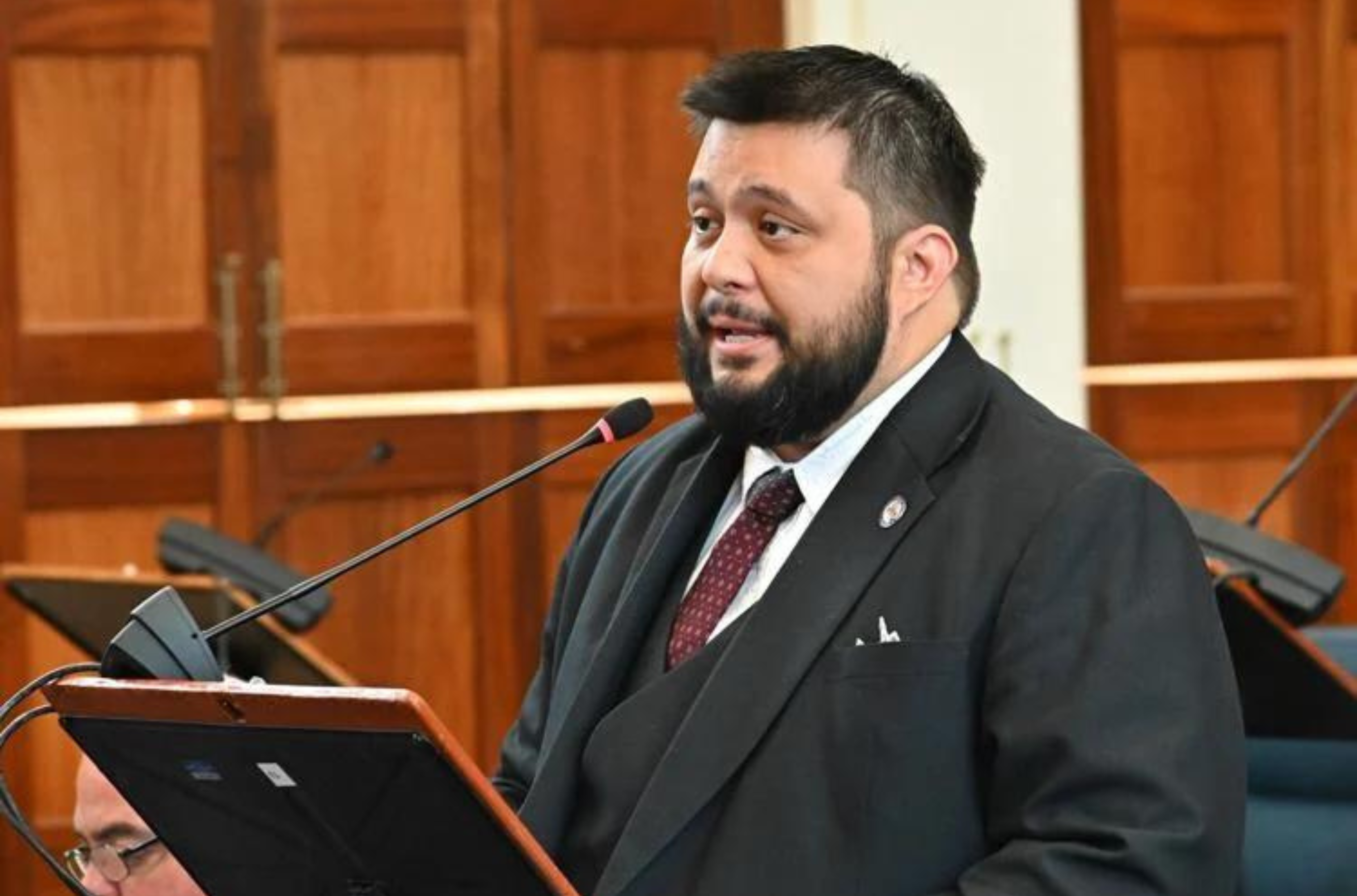 Sen. William Parkinson speaks in opposition of Bill 79-37 during session Monday, July 24, 2023, at the Guam Congress Building in Hagåtña. Parkinson said his goal as a lawmaker was to make gun laws friendlier to potential firearm owners, and that the measure sent a strong message that the Legislature was anti-gun. 