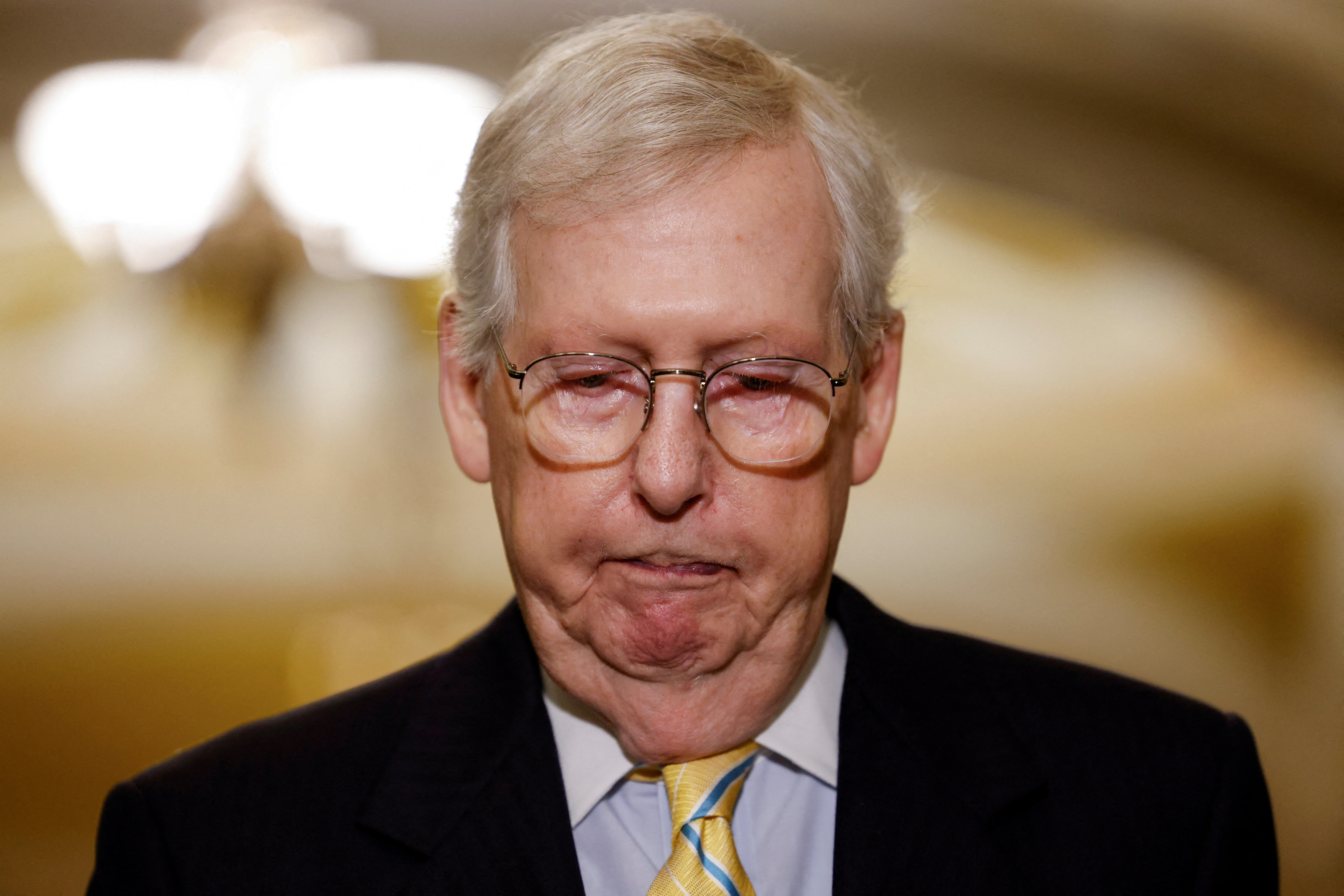 U.S. Senate Minority Leader Mitch McConnell (R-KY) addresses reporters following the Senate Republicans weekly policy lunch at the U.S. Capitol in Washington, U.S., July 11, 2023. REUTERS/Kevin Wurm/File Photo