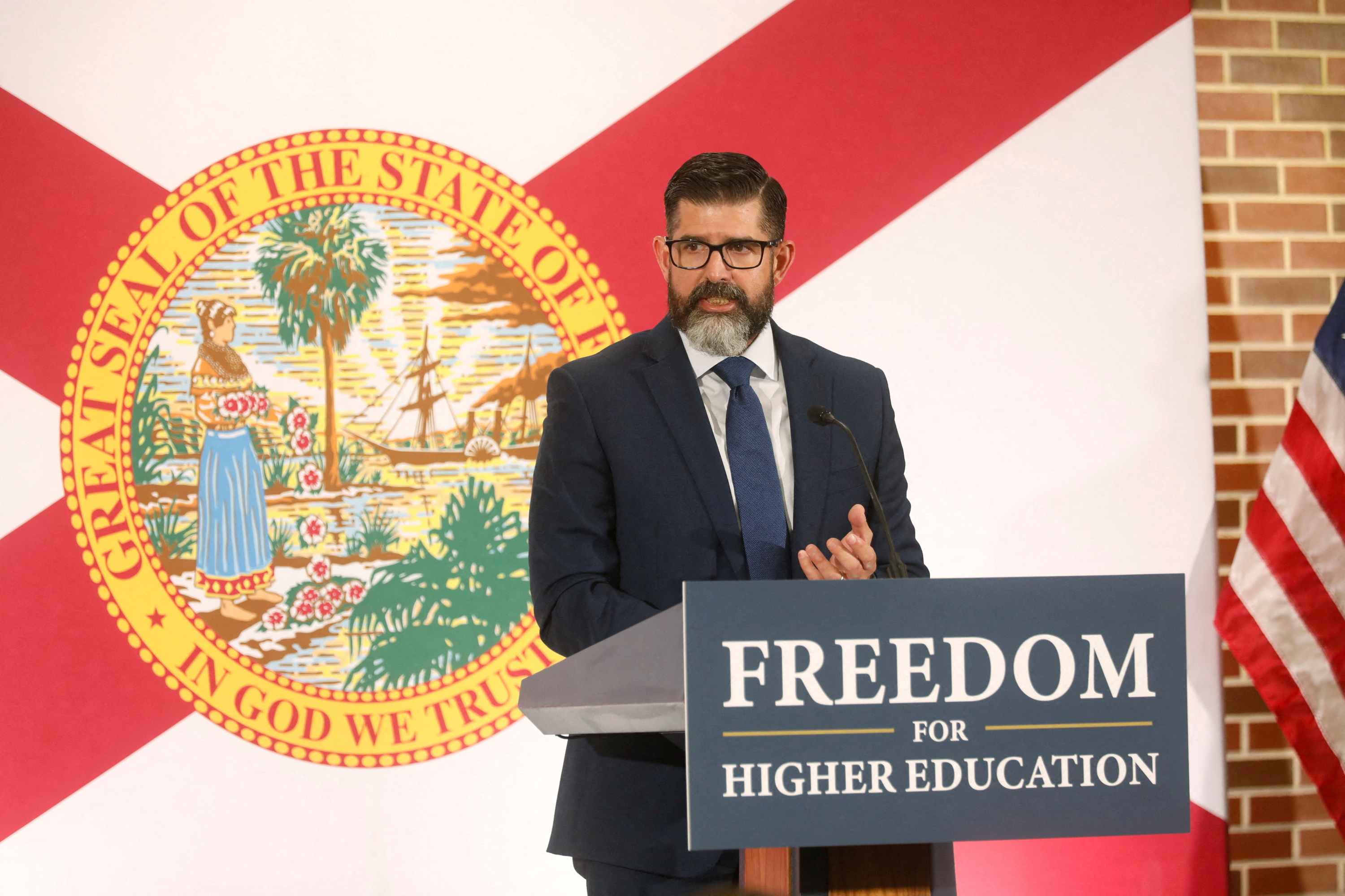 Florida Education Commissioner Manny Diaz, Jr. speaks during a press conference where Florida Governor Ron DeSantis and Florida Attorney General Ashley Moody announced they are suing the federal government to have more autonomy over the state colleges and universities accreditation process at Hillsborough Community College in Tampa, Florida, U.S., June 22, 2023. REUTERS/Octavio Jones/File Photo