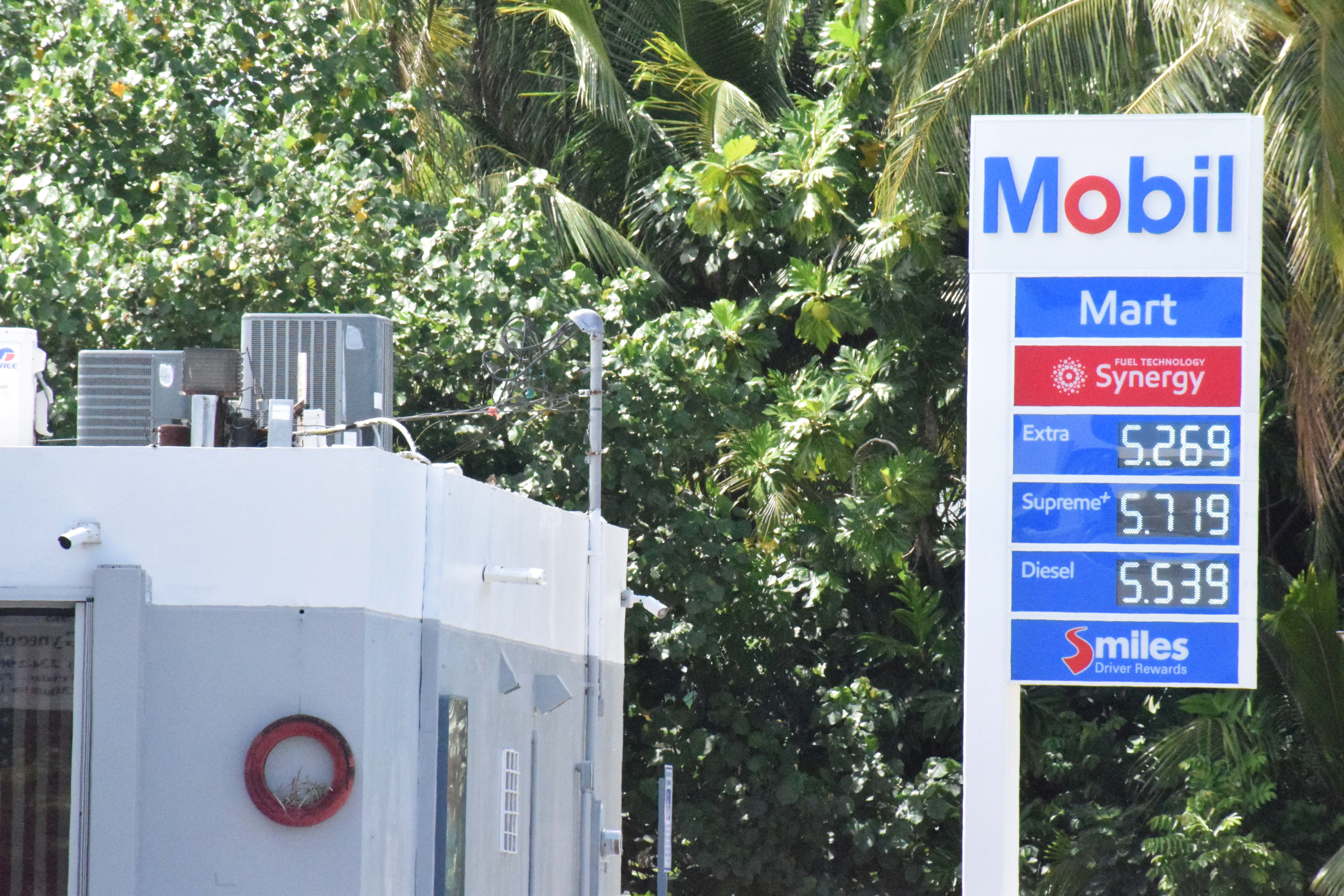 Mobil Oil Marianas on Msgr. Guerrero Road in Chalan Kiya displays its prices on Thursday.