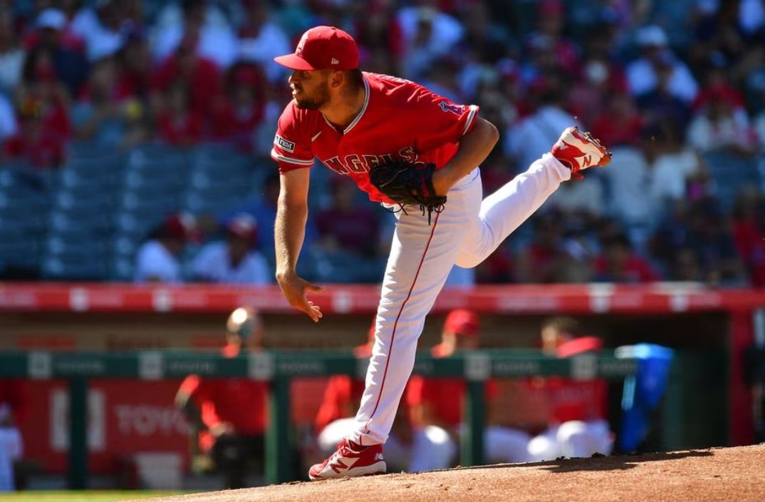 Los Angeles Angels starting pitcher Chase Silseth (63) throws against the New York Yankees during the first inning at Angel Stadium in Anaheim, California, July 19, 2023.