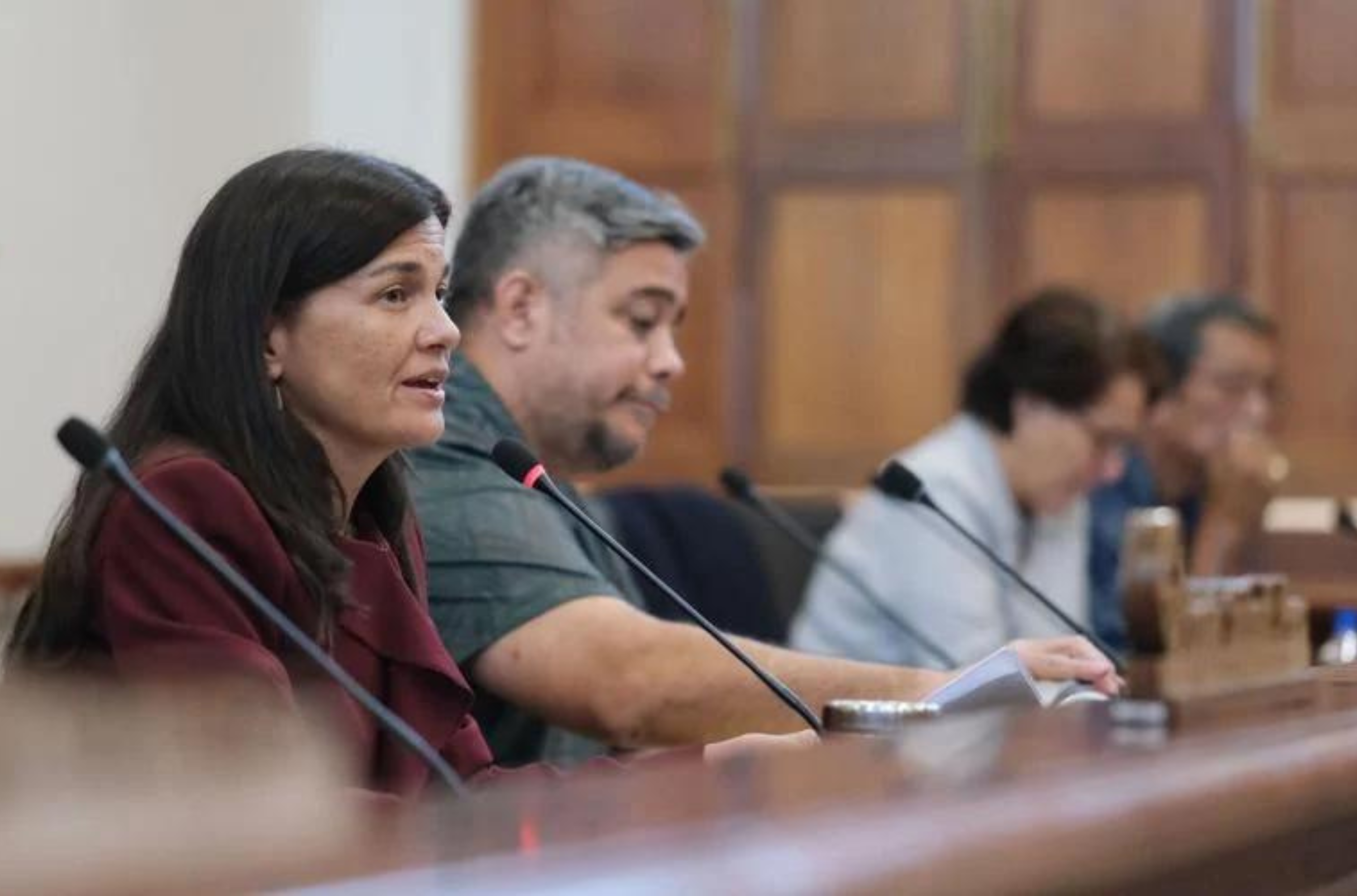 Speaker Therese Terlaje, left, chair of the Committee on Health, Land, Justice and Culture, holds a legislative town hall Monday, July 17, 2023, at the Public Hearing Room of the Guam Congress Building in Hagåtña on the proposed 360-degree missile defense system on Guam. 