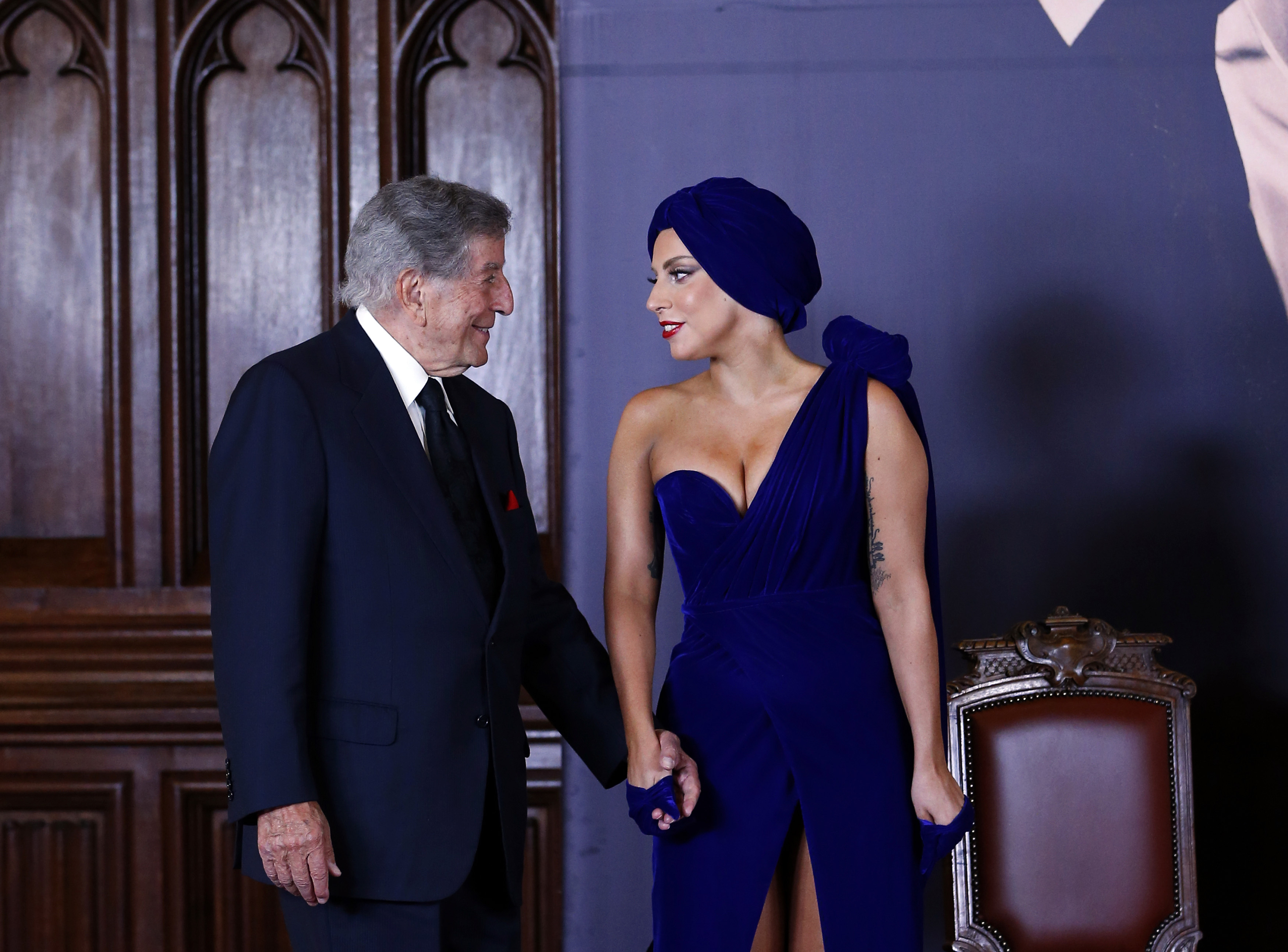 FILE PHOTO: U.S. singers Lady Gaga and Tony Bennett arrive at a news conference, ahead of their concert, in Brussels September 22, 2014. REUTERS/Yves Herman/File Photo