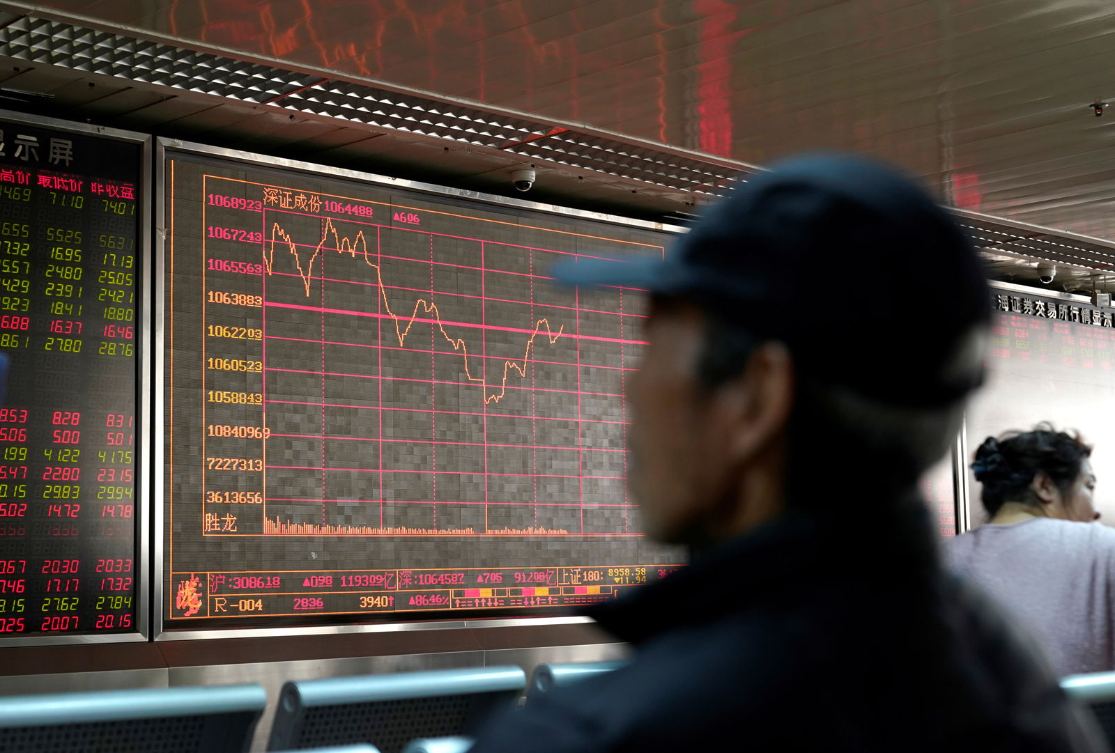 An investor looks at a stock quotation board at a brokerage office in Beijing, China, Jan. 3, 2020.