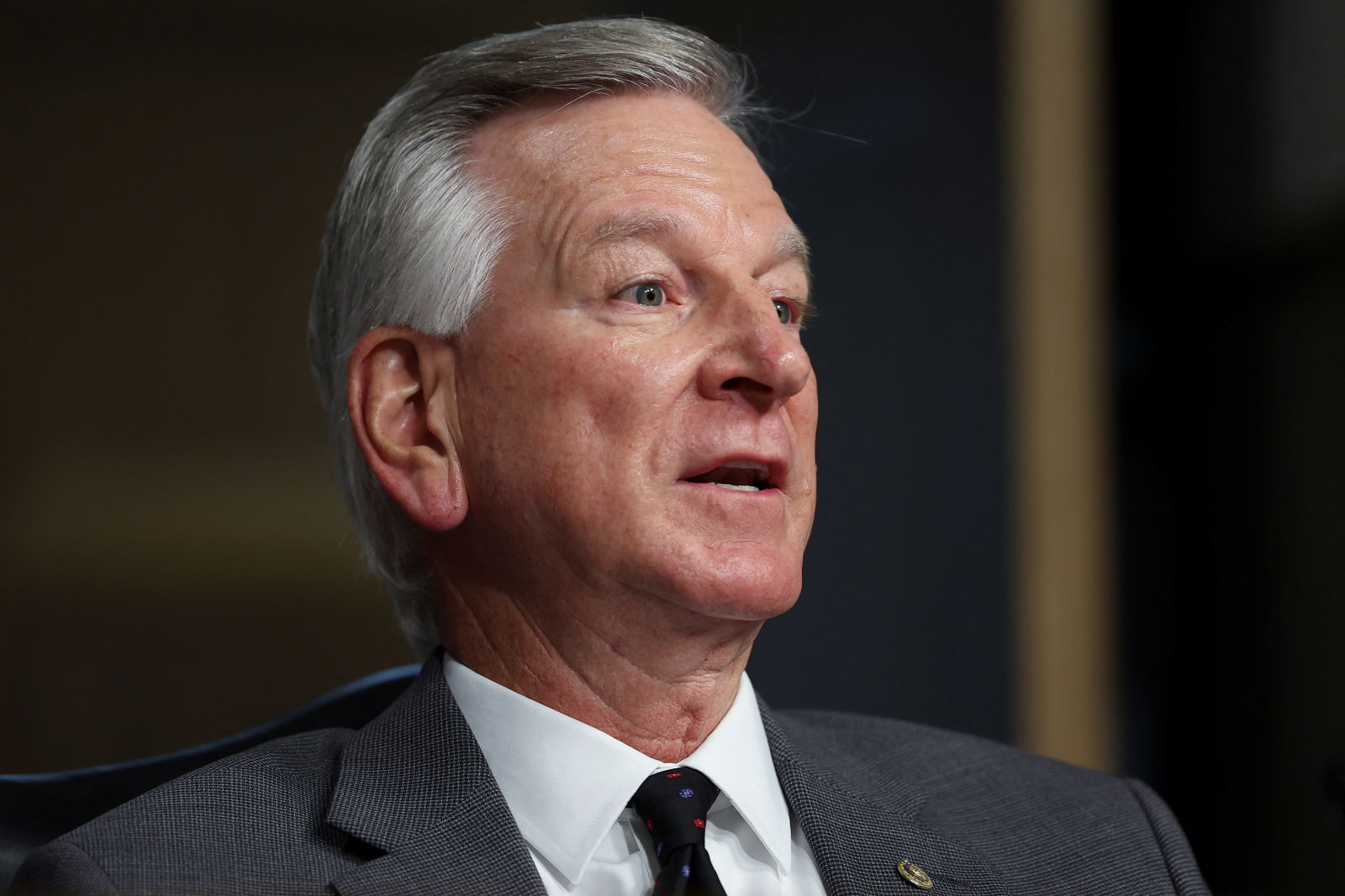 U.S. Senator Tommy Tuberville (R-AL) questions U.S. General Charles Brown Jr. during a U.S. Senate Armed Services Committee hearing on Brown's nomination to be chairman of the Joint Chiefs of Staff, on Capitol Hill in Washington, U.S., July 11, 2023. REUTERS/Kevin Wurm
