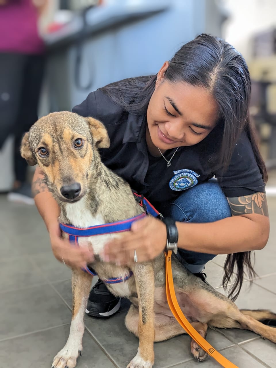 Dog Control Program staff member Stephanie Jo Camacho with Brooke, who is available for adoption.