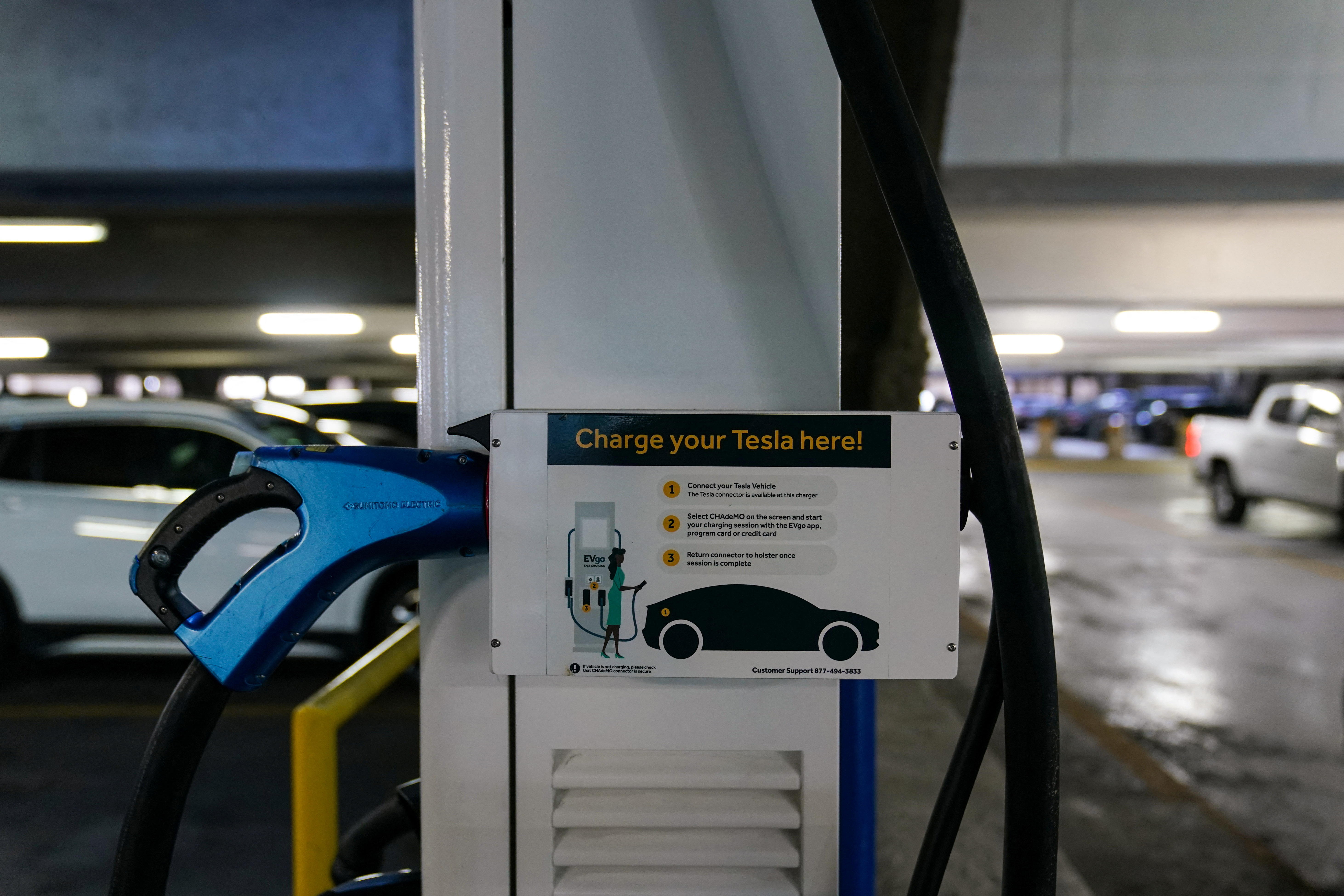 An electric car charging station is seen in the parking garage of Union Station in Washington, U.S., September 29, 2022. REUTERS/Sarah Silbiger