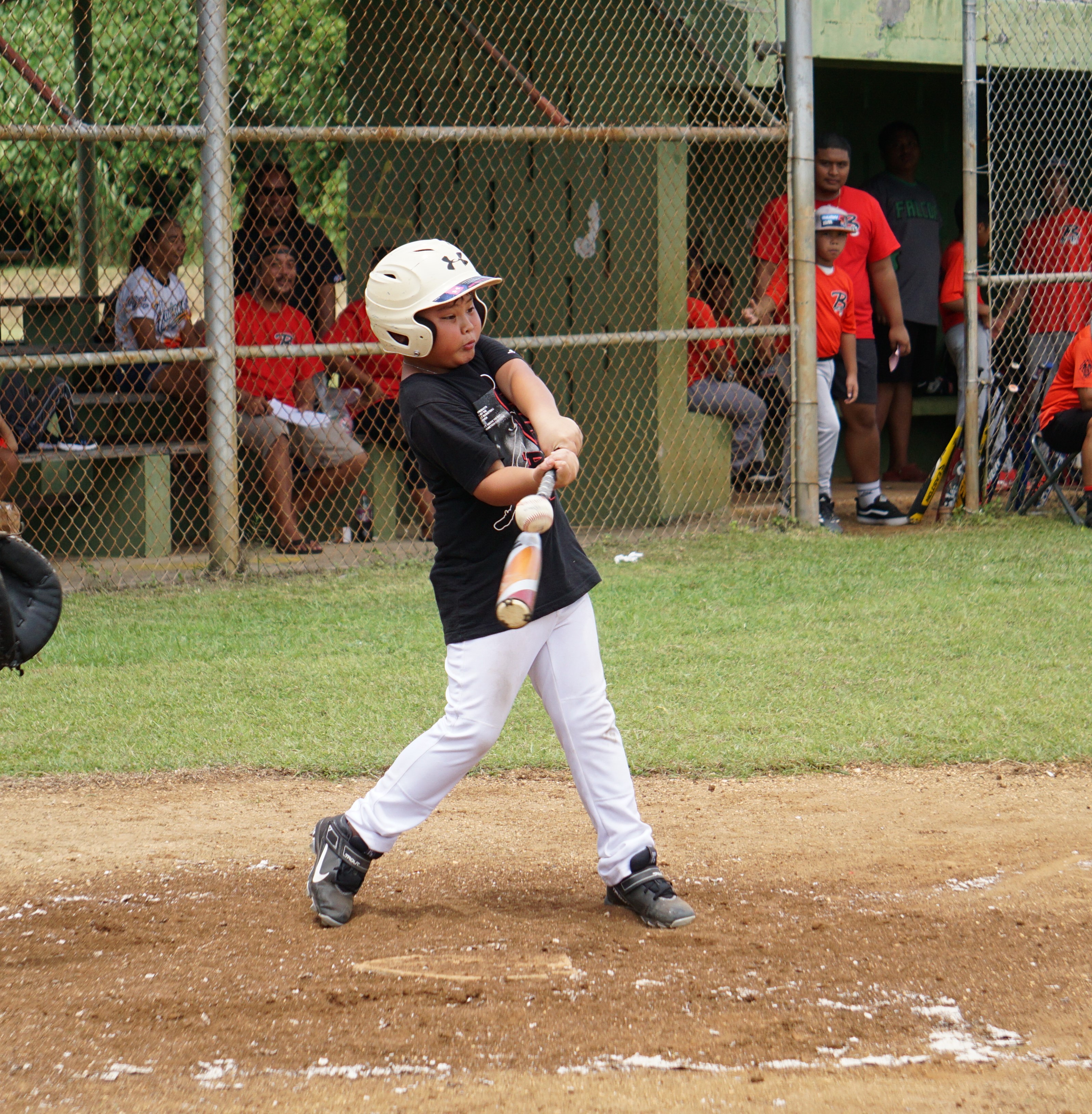 The Blue Jays' Scott Muna connects a hit against the Braves in the opening game of the Saipan Baseball League U12 Tournament  at the Miguel "Tan Ge" Pangelinan Baseball Field.
