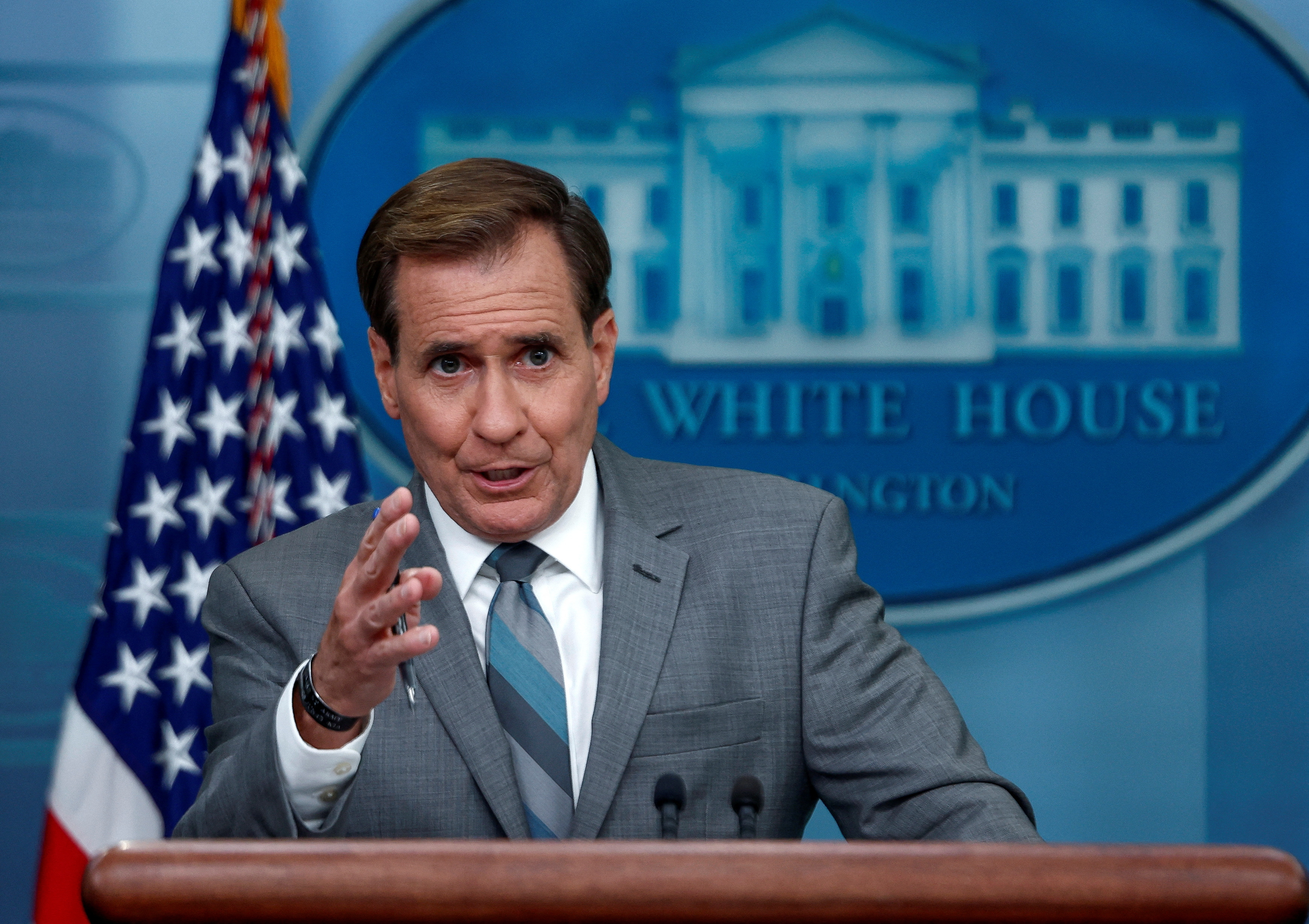 NSC Coordinator for Strategic Communications John Kirby answers questions during the daily press briefing at the White House in Washington, U.S., July 17, 2023. REUTERS/Evelyn Hockstein