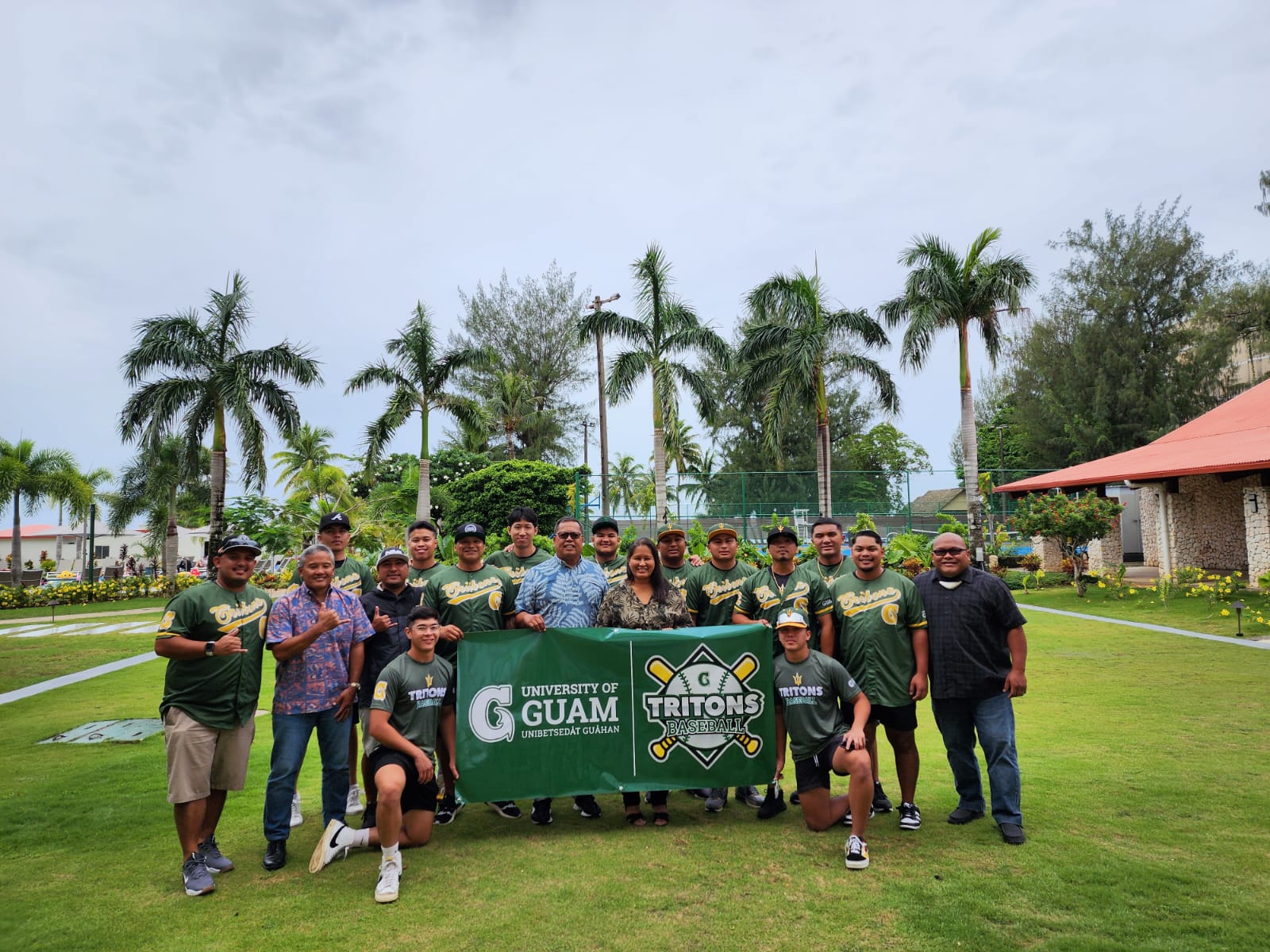 The University of Guam Tritons baseball team members pose for a photo with Saipan Baseball League President Jay Santos and Tan Holdings executives Catherine Attao-Toves and Alex Sablan at the Crowne Plaza Resort Saipan.