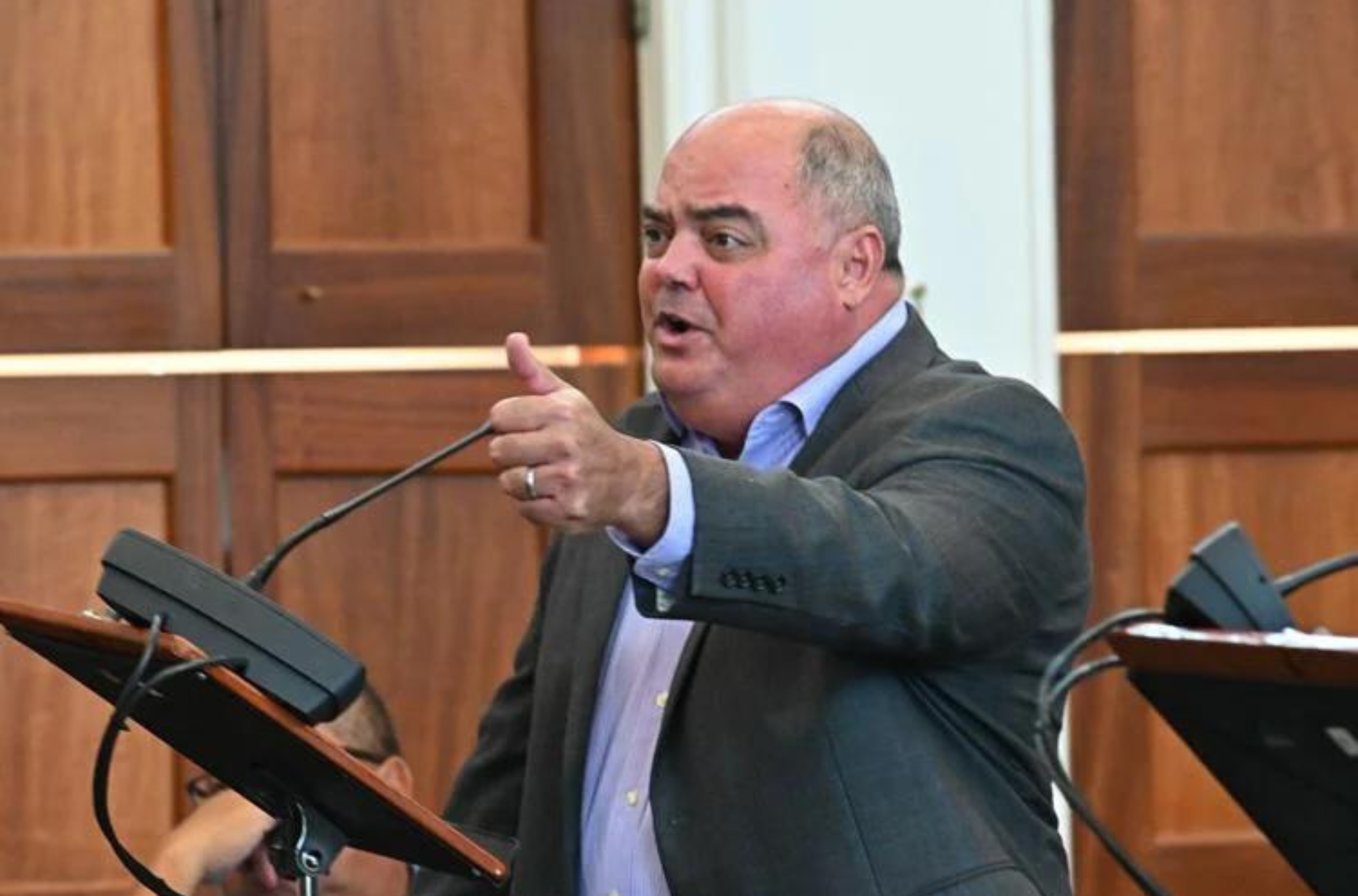 Sen. Chris Duenas gestures during session of the Guam Legislature, July 24, 2023, at the Guam Congress Building in Hagåtña. Sen. Frank Blas Jr. and Duenas introduced Bill 154-37, which would extend and roll over the current Government of Guam Group Health Plan until Sept. 30, 2024. 