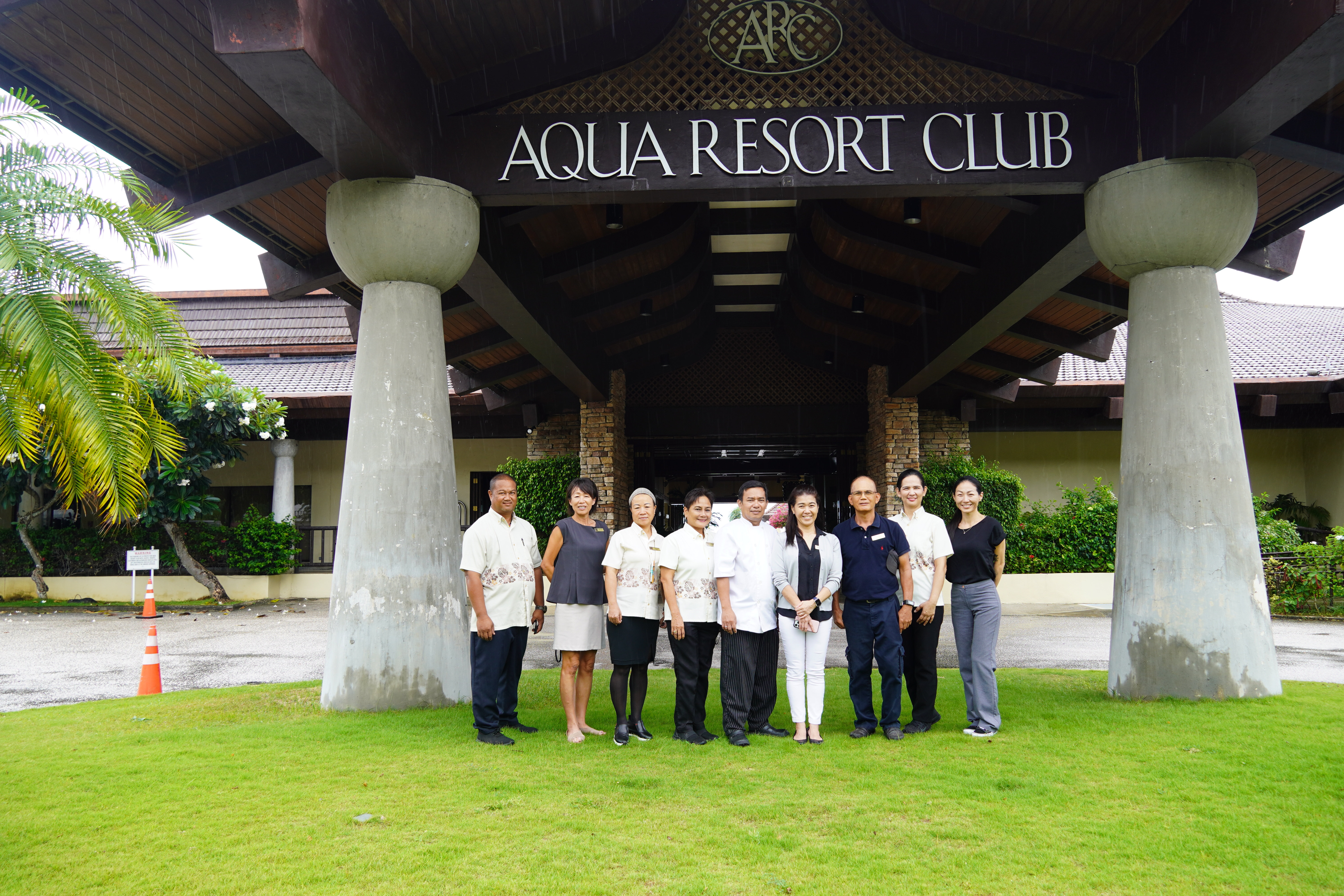 From left, bellman Jacob Quitugua who has been with Aqua Resort Club for 15 years; Sales & Marketing Manager Noriko Jim, eight years; front desk agent Angel Cabrera, 10 years; Food & Beverage Assistant Manager Len Bernardo, 32 years; Chef de Cuisine Joe Bayking, 29 years; General Manager  Sachiko Gerrard, 24 years; Chief Engineer Jimmy Magboo, 28 years; F&B Manager Ann Razon-Isip, 20 years; and Marketing Assistant Manager Victoria Barnes, six years.