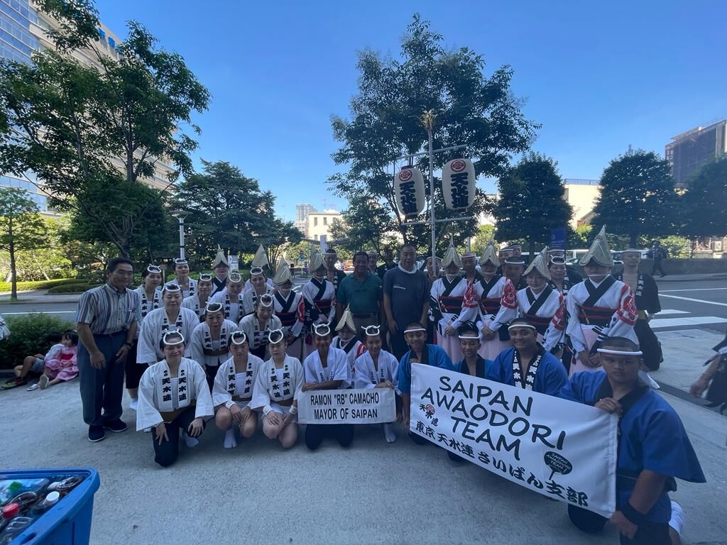 Saipan Mayor RB Camacho with the Tokyo Tensuren Group and the Saipan Awaodori Team.